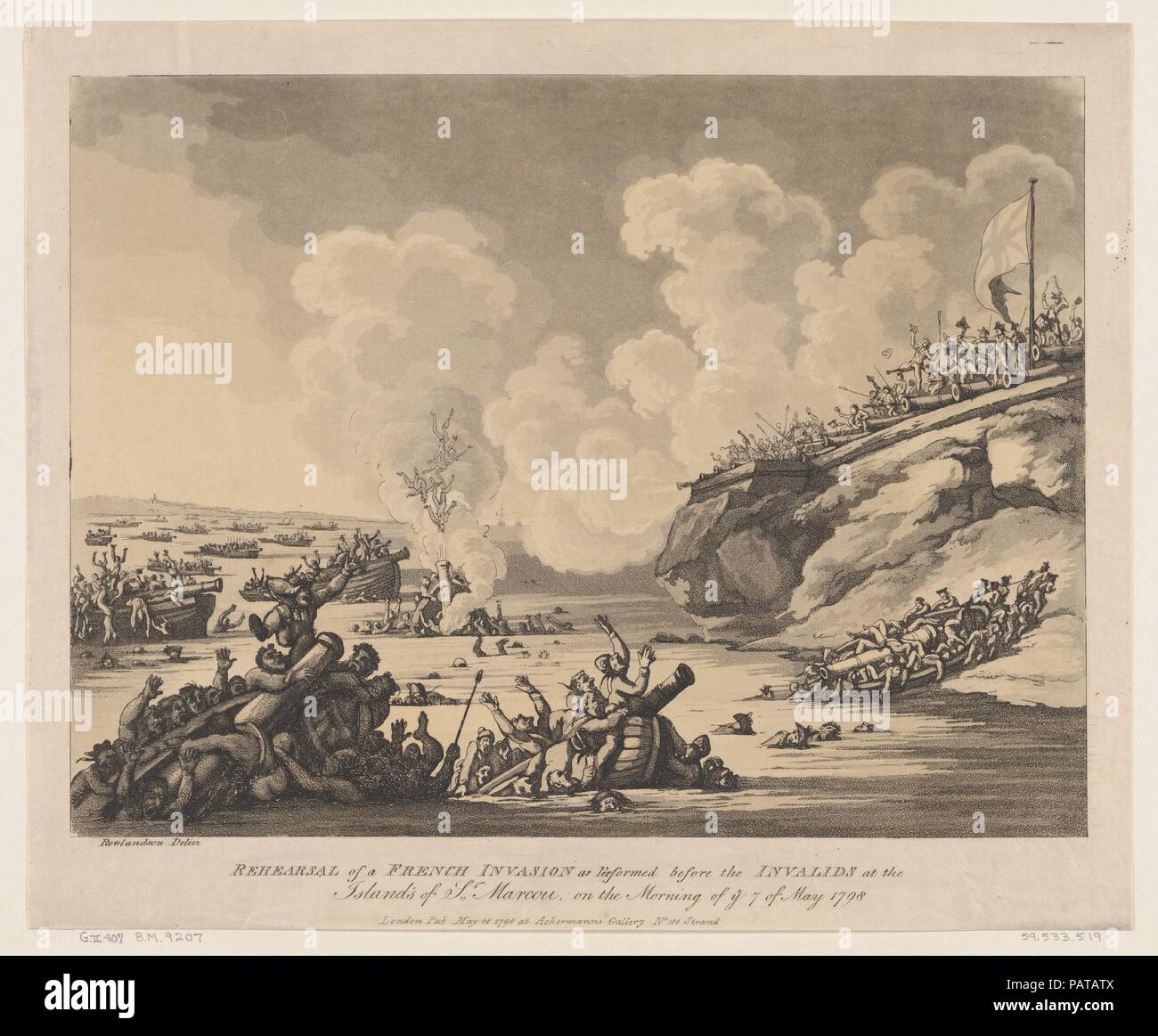 La prova di una invasione francese come eseguito prima della invalidi presso le isole di San Marcou la mattina del 7 maggio del 1798. Artista: Thomas Rowlandson (British, Londra Londra 1757-1827). Dimensioni: foglio: 12 5/8 × 15 3/8 in. (32,1 × 39 cm). Editore: Rudolph Ackermann, Londra (attivo 1794-1829). Serie/Portfolio: Fedele volontari. Data: 18 maggio 1798. Museo: Metropolitan Museum of Art di New York, Stati Uniti d'America. Foto Stock