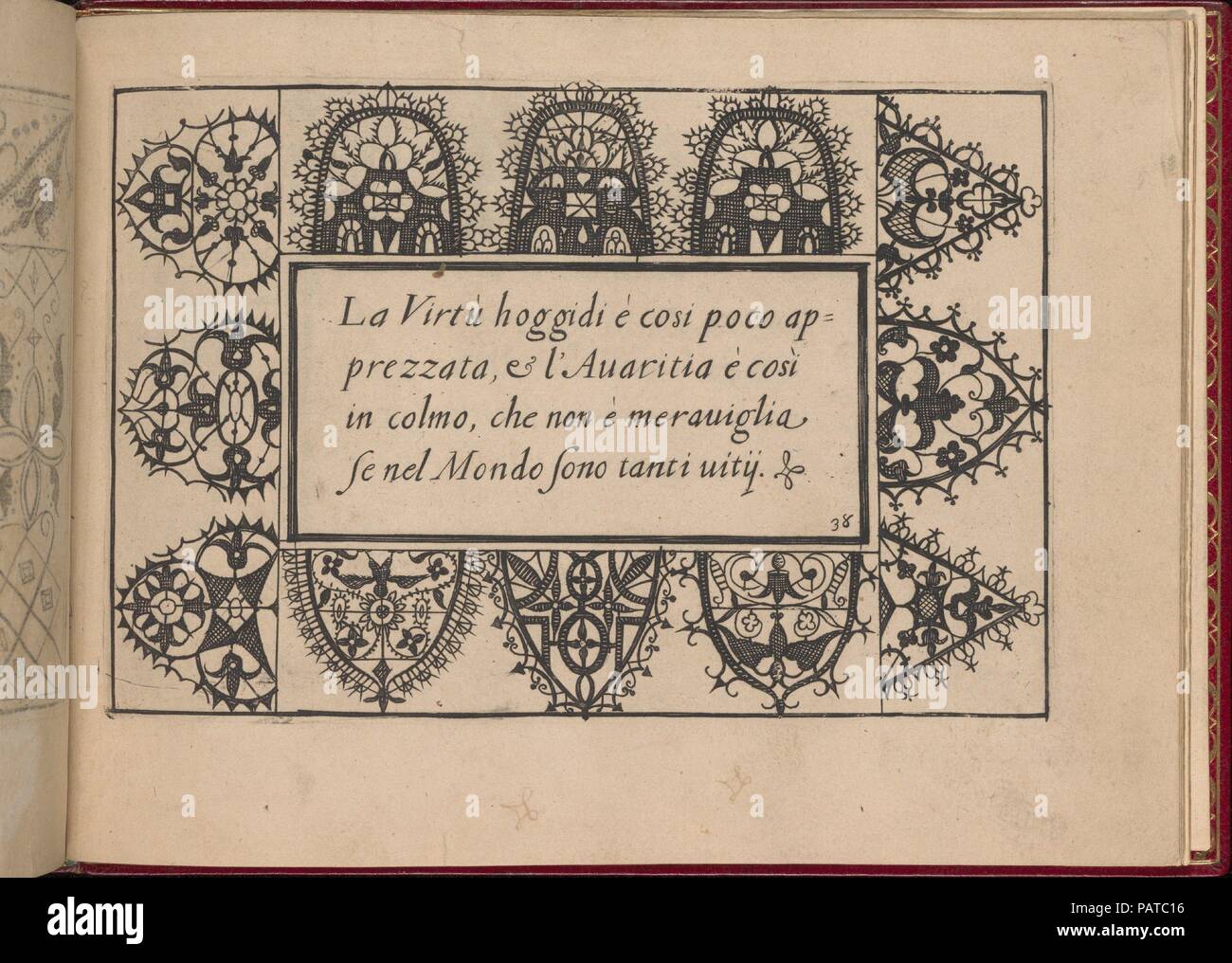 Ghirlanda: di sei vaghi fiori scielti da piu famosi Giardini d'Italia, pagina 46 (recto). Progettista: Pietro Paolo Tozzi (italiano, attivo 1593-1628). Dimensioni: complessivo: 5 7/8 x 7 7/8 in. (15 x 20 cm). Editore: Libraria del Giesu , Padova. Data: Ottobre 1, 1604. Progettato da Pietro Paolo Tozzi, pubblicato da Libraria del Giesu, Padova. La calligrafia di Antonello Bertozzi e Sebastian Zanella, scribi di Padova. Il design è costituito da un rettangolo centrale su cui testo calligrafico è stampato. Intorno a tutti i lati della sezione centrale sono di forma rettangolare arrotondata motivi che sono ciascuno ornate con Foto Stock