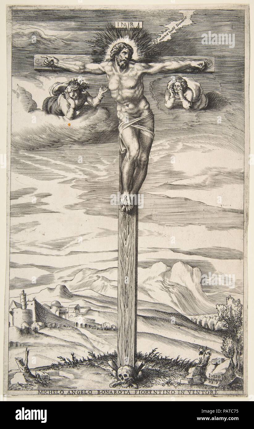 Crocifissione con due angeli. Artista: dopo Michelangelo Buonarroti (italiano, Caprese 1475-1564 Roma); Giulio Bonasone (italiano, attivo a Roma e Bologna, 1531-dopo il 1576). Dimensioni: foglio: 12 1/16 x 7 11/16 in. (30,6 x 19,6 cm). Data: ca. 1540. Museo: Metropolitan Museum of Art di New York, Stati Uniti d'America. Foto Stock