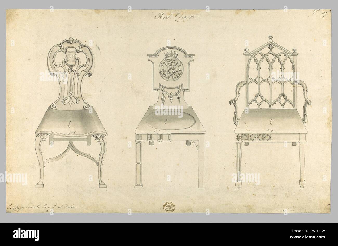 Hall sedie Chippendale in disegni, Vol. I. Artista: Thomas Chippendale (British, battezzato Otley, West Yorkshire Londra 1718-1779). Dimensioni: foglio: 8 1/2 x 13 5/16 in. (21,6 x 33,8 cm). Pubblicato in: Londra. Data: 1759. Disegno preparatorio per Thomas Chippendale 'Gentleman e il cabinet Maker direttore dell'. Pubblicato in retromarcia come piastra XVII nella terza edizione del 1762, ma ha creato come presto come 1759 secondo la legge del Parlamento sulla stampa stessa. Museo: Metropolitan Museum of Art di New York, Stati Uniti d'America. Foto Stock