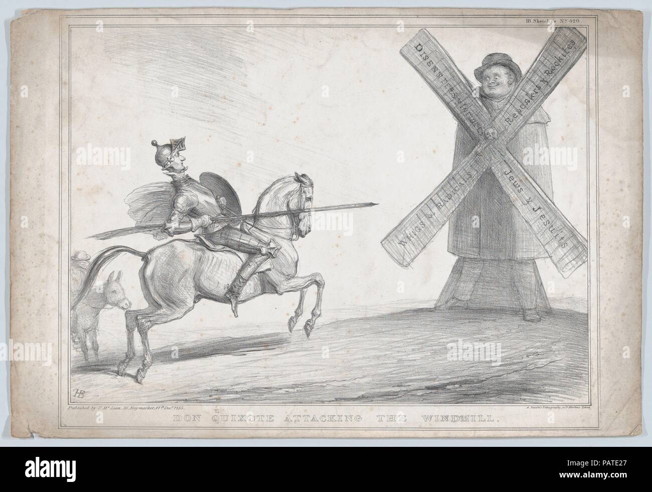 Don Chisciotte attaccando il mulino a vento. Artista: John Doyle (l'irlandese di Dublino, Londra 1797-1868). Dimensioni: foglio: 11 5/8 × 17 5/16 in. (29,5 × 44 cm). Litografo: Alfred Ducôte (British, attivo 1830-40). Editore: Thomas McLean (British, attivo Londra 1788-1885). Serie/Portfolio: HB Bozzetti, No. 420. Oggetto: Daniel O'Connell (Irlandese, Cahirciveen, Kerry 1775-1847 Genova); Sir Francis Burdett, quinto Baronet (British, 1770-1844). Data: Dicembre 11, 1835. Museo: Metropolitan Museum of Art di New York, Stati Uniti d'America. Foto Stock