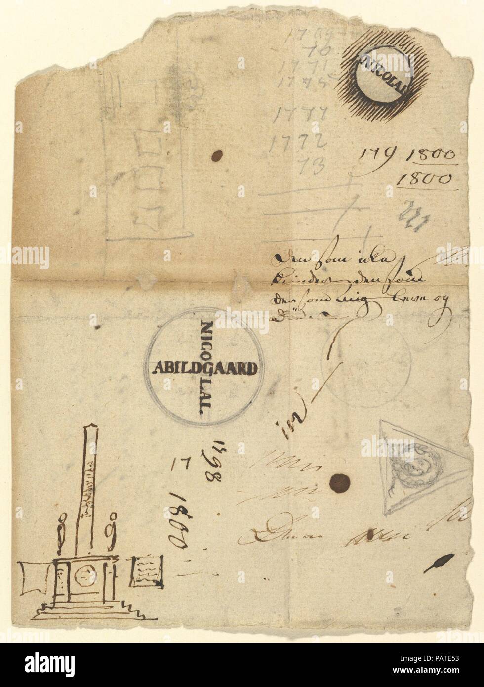 Le note con un studi per la colonna della Libertà (Frihedstøtten). Artista: Nicolai Abildgaard Abramo (danese, Copenhangen Frederiksdal 1743-1809). Dimensioni: foglio: 6 1/16 x 4 1/2 in. (15,4 x 11,4 cm). Data: ca. 1791. Museo: Metropolitan Museum of Art di New York, Stati Uniti d'America. Foto Stock