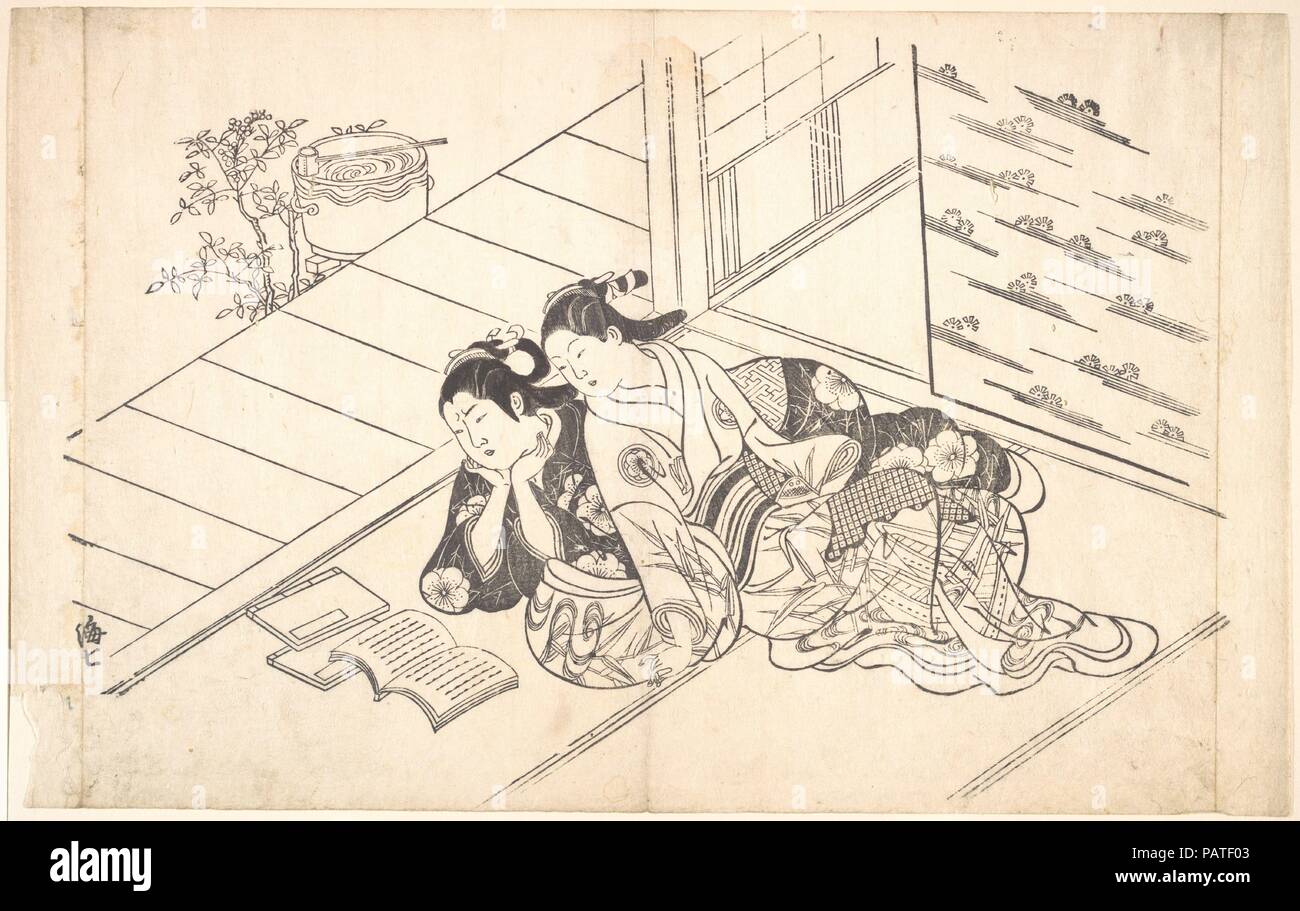 Due donne reclinate sul pavimento di una stanza e la lettura di un libro. Artista: Nishikawa Sukenobu (giapponese, 1671-1750). Cultura: il Giappone. Dimensioni: 10 3/8 x 16 1/2 in. (26,4 x 41,9 cm). Data: ca. 1730. Museo: Metropolitan Museum of Art di New York, Stati Uniti d'America. Foto Stock