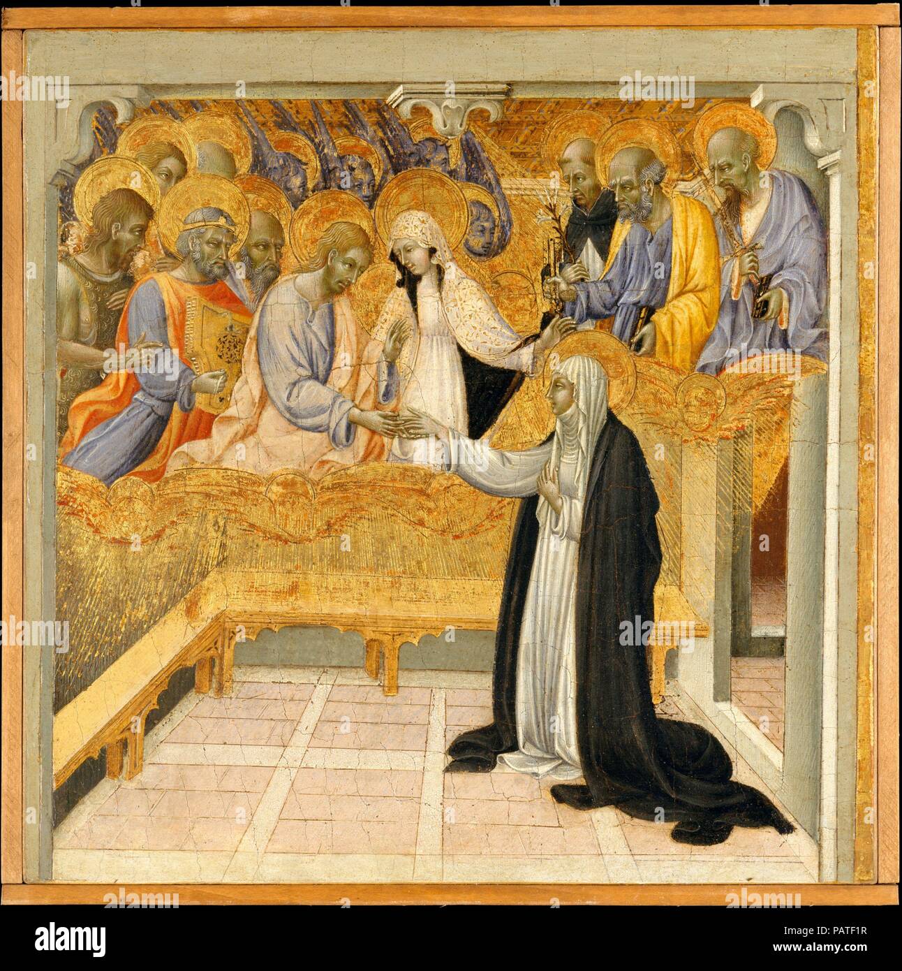 Il Matrimonio mistico di Santa Caterina da Siena. Artista: Giovanni di Paolo (Giovanni di Paolo di Grazia) (Italiano, 1398-1482 Siena Siena). Dimensioni: complessivamente, con aggiunta di strisce, 12 x 12 in. (30,5 x 30,5 cm); superficie dipinta 11 3/8 x 11 3/8 in. (28,9 x 28,9 cm). Si tratta di tre pannelli appartengono a una serie dalla base (scomparto di predella) di una grande pala d altare e costituito il primo esteso ciclo di narrativa di Caterina da Siena, una mistica senese nonché ministro per i poveri e gli appestati. Essi sono stati commissionati dopo la sua canonizzazione nel 1460 e sono basati sulla biografia scritta da lei confes Foto Stock