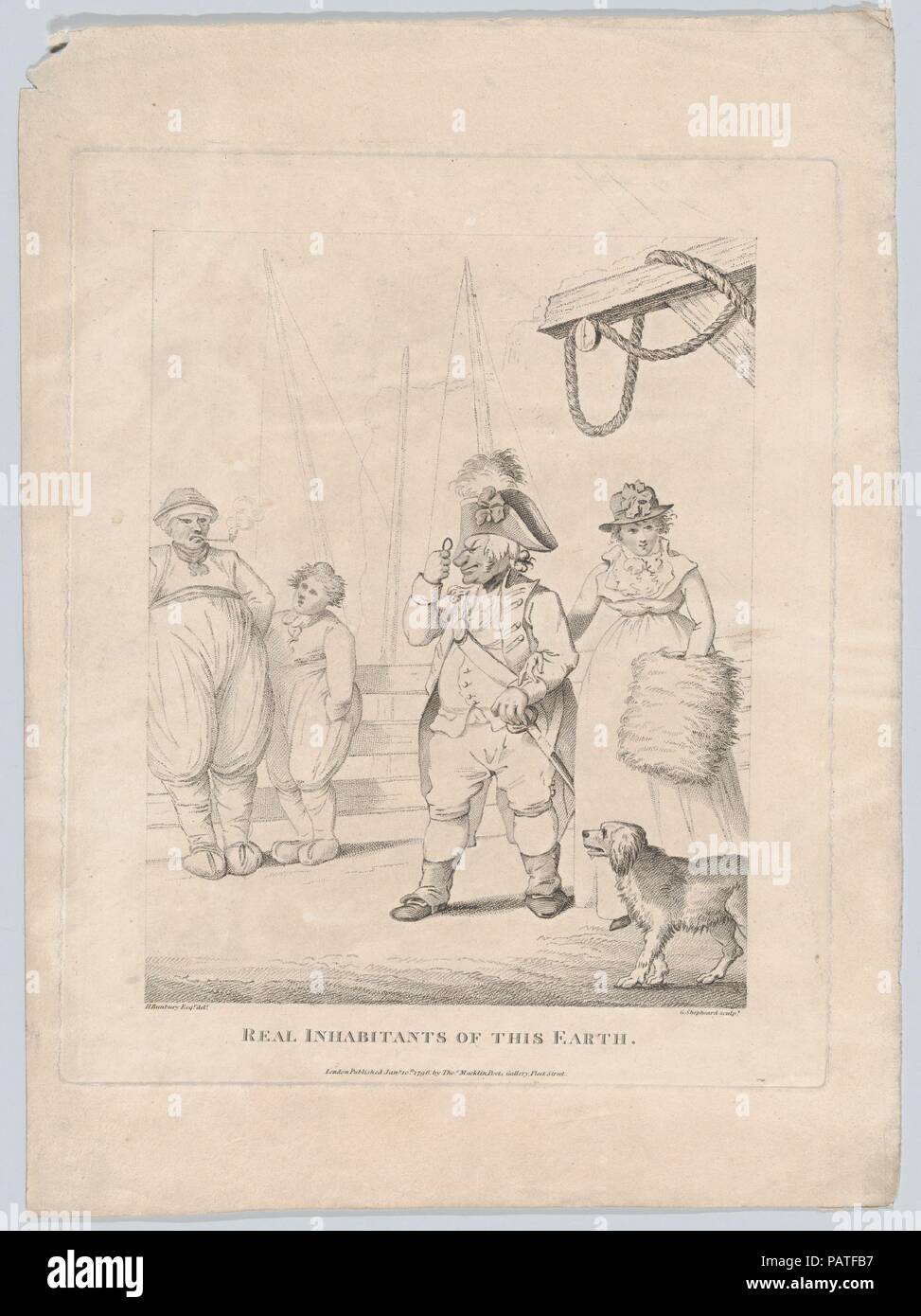 Veri abitanti di questa terra. Artista: Dopo Henry William Bunbury (British, Mildenhall Suffolk, 1750-1811 Keswick, Cumberland). Dimensioni: Piastra: 11 5/8 × 9 9/16 in. (29,5 × 24,3 cm) foglio: 14 13/16 × 10 7/8 in. (37,7 × 27,7 cm). Incisore: George Shepheard (British, 1770-1842). Editore: Thomas Macklin (British, 1752/53-1800 Londra). Data: gennaio 10th, 1796. Un British naval officer passeggiate lungo la banchina con un vestito elegante ragazza sul suo braccio. Egli guarda attraverso un monocolo a baggily vestito uomo e ragazzo, il cui abito rappresenta le eccentricità del Dutch abito. Museo: Metropolitan Foto Stock