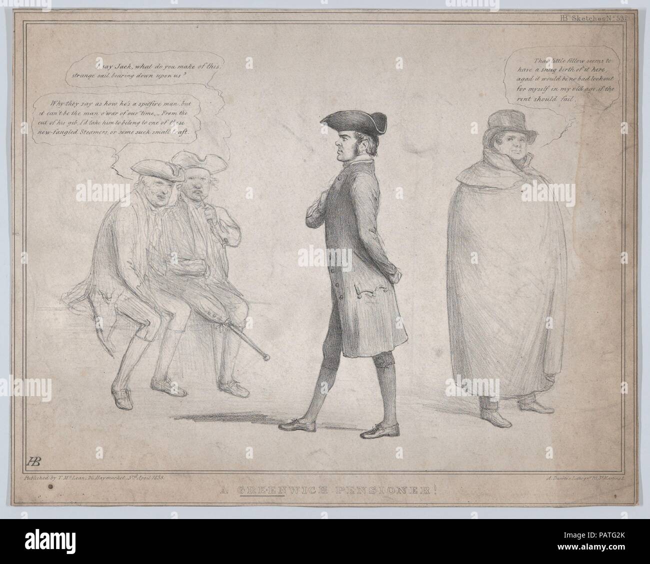 Un pensionato di Greenwich!. Artista: John Doyle (l'irlandese di Dublino, Londra 1797-1868). Dimensioni: foglio: 10 7/16 × 13 3/16 in. (26,5 × 33,5 cm). Litografo: Alfred Ducôte (British, attivo 1830-40). Editore: Thomas McLean (British, attivo Londra 1788-1885). Serie/Portfolio: HB Bozzetti, No. 532. Oggetto: Daniel O'Connell (Irlandese, Cahirciveen, Kerry 1775-1847 Genova); Richard Lalor Shiel (Irlandese, 1791-1851). Data: Aprile 3, 1838. Museo: Metropolitan Museum of Art di New York, Stati Uniti d'America. Foto Stock