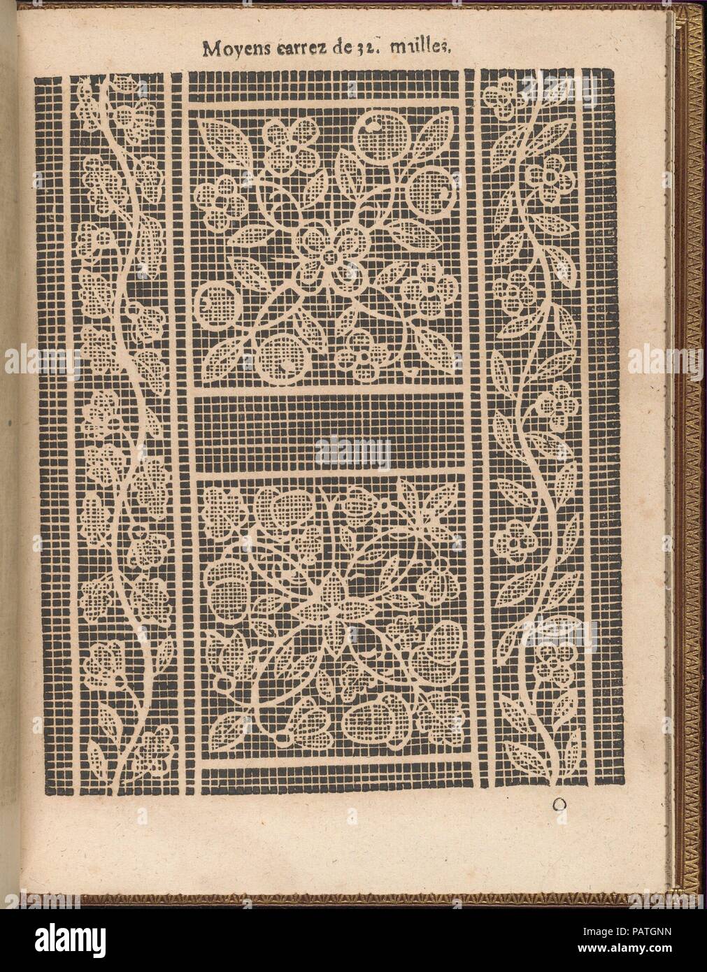 La pratique de l'Aiguille, pagina 52 (recto). Autore: Matthias Mignerak. Il dedicatario: dedicata a Maria de' Medici (Firenze 1575-1642 Colgne). Dimensioni: complessivo: 9 1/4 x 7 1/16 in. (23,5 x 18 cm). Incisore: Titolo di Pierre Firens (francese nato a Parigi 1641). Editore: pubblicato da Jean Le Clerc , Parigi. Data: 1605. Scritto da Matthias Mignerak, pagina titolo inciso da Pierre Firens, francese nato a Parigi 1641, dedicata a Maria de' Medici, Firenze 1575-1642 Colonia, pubblicato da Jean Le Clerc, Parigi. Dall'alto al basso e da sinistra a destra: il design è stampata su una griglia e decorata nel cen Foto Stock