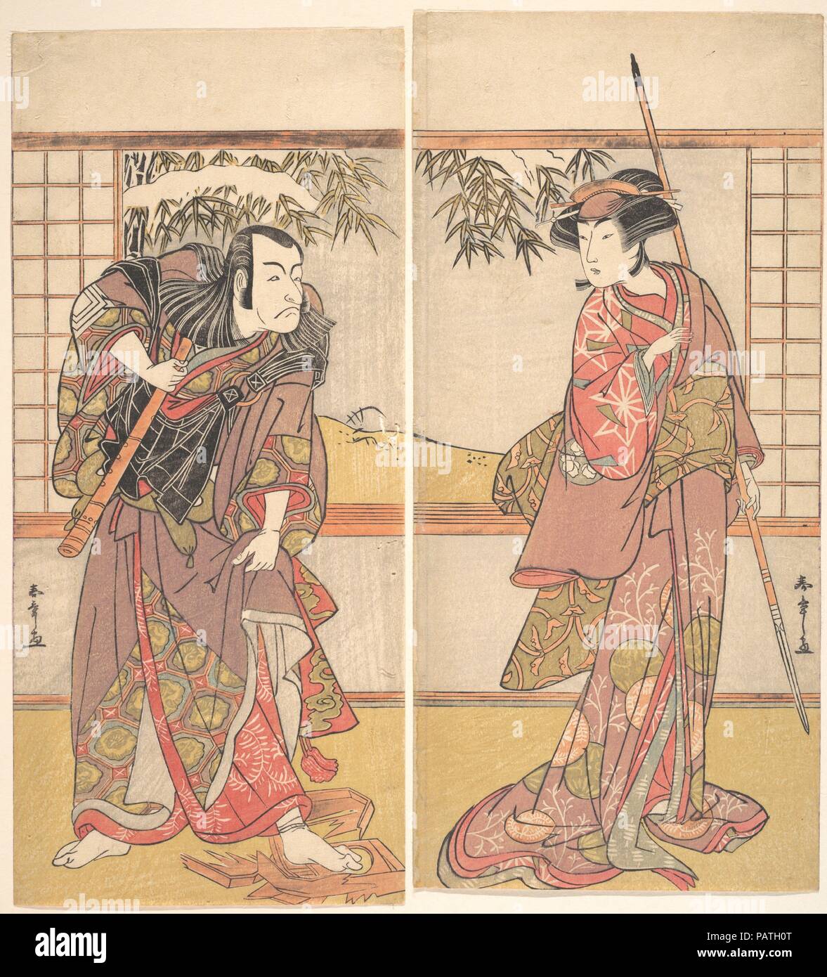Gli attori Kabuki Osagawa Tsuneyo II e Ichikawa Danjuro V. Artista: Katsukawa Shunsho (giapponese, 1726-1792). Cultura: il Giappone. Dimensioni: immagine (sinistra): 10 7/8 x 5 1/2 in. (27,6 × 14 cm) (immagine a destra): 10 7/8 x 5 3/4 in. (27,6 × 14,6 cm). Data: ca. 1780s. Museo: Metropolitan Museum of Art di New York, Stati Uniti d'America. Foto Stock