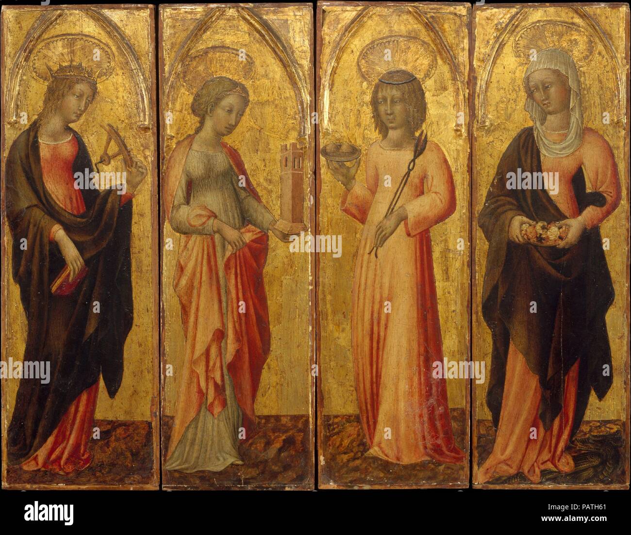 I santi Caterina di Alessandria, Barbara, agata, e Margaret. Artista: Giovanni di Paolo (Giovanni di Paolo di Grazia) (Italiano, 1398-1482 Siena Siena). Dimensioni: (a) complessivamente 18 3/4 x 6 in. (47,6 x 15,2 cm), superfici verniciate 18 1/4 x 5 1/2 in. (46,4 x 14 cm); (b) complessivamente 18 3/4 x 6 in. (47,6 x 15,2 cm), superfici verniciate 18 3/8 x 5 5/8 in. (46,7 x 14,3 cm); (c) complessivamente 18 3/4 x 6 in. (47,6 x 15,2 cm), superfici verniciate 18 3/8 x 5 3/8 in. (46,7 x 13,7 cm); (d) complessivamente 18 3/4 x 6 in. (47,6 x 15,2 cm), superfici verniciate 18 1/4 x 5 5/8 in. (46,4 x 14,3 cm). Data: ca. 1470. Insieme ad altri due fema Foto Stock