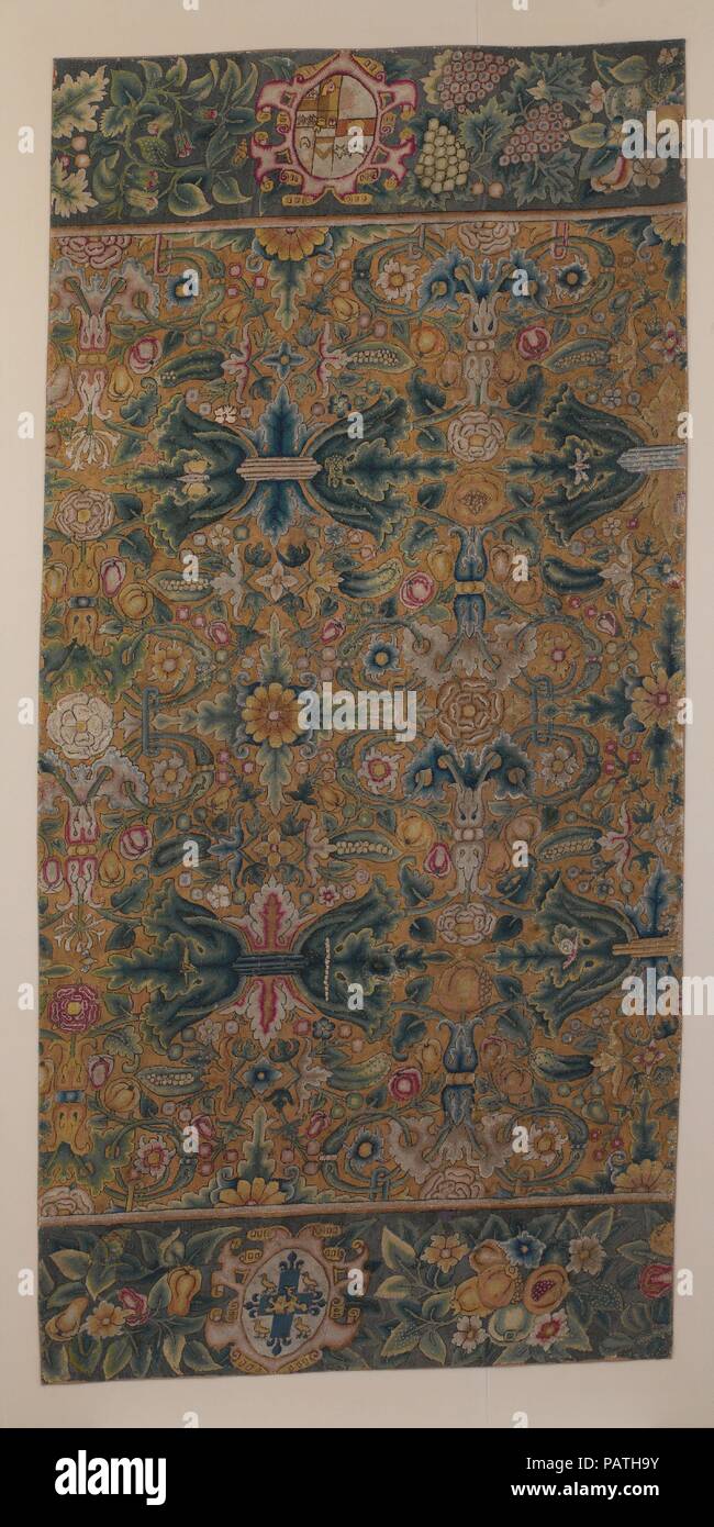 Tabella di frammento di tappeti. Cultura: British. Dimensioni: L. 77 x W.  38 pollici (195,6 x 96,5 cm). Data: tardo XVI secolo. I prodotti tessili  sono raramente utilizzati come rivestimenti di pavimenti