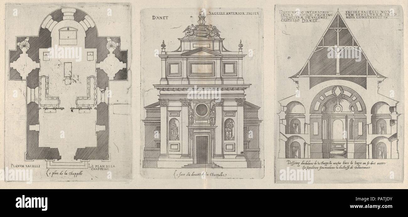 Planimetria, facciata e la sezione trasversale di una delle cappelle a Chateau d'Anett, da "les plus eccellenti bastiments de France". Artista: Jacques Androuet Du Cerceau (francese, Parigi 1510/12-1585 Annecy). Dimensioni: foglio: 15 3/4 x 19 11/16 in. (40 x 50 cm) immagine: 8 3/16 x 5 7/8 in. (20,8 x 15 cm) immagine: 7 11/16 x 5 5/8 in. (19,5 x 14,3 cm) immagine: 8 1/4 x 5 7/8 in. (21 x 15 cm). Data: 1607. Museo: Metropolitan Museum of Art di New York, Stati Uniti d'America. Foto Stock