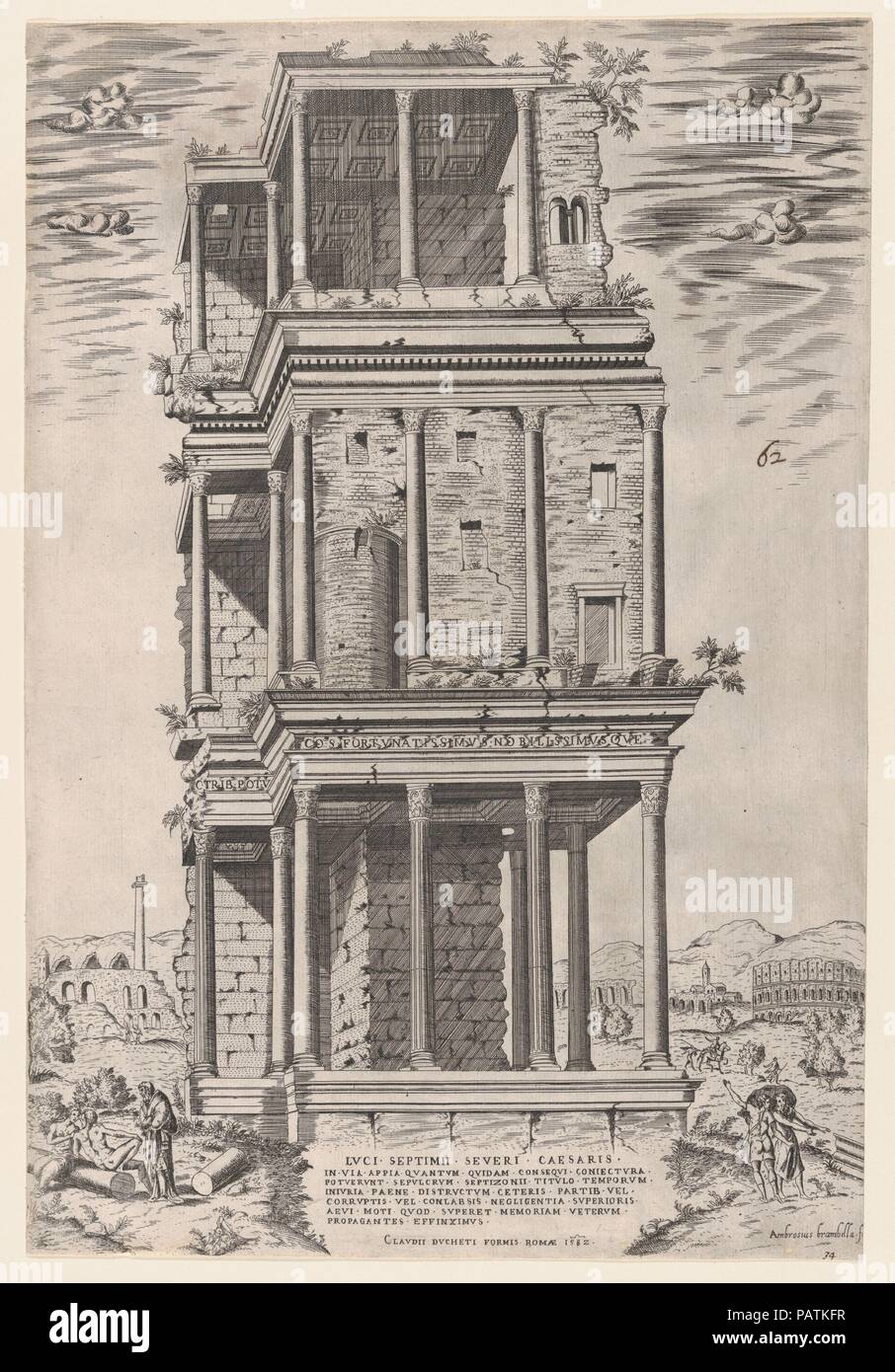 Speculum Romanae Magnificentiae": Il Septizodium. Artista: Giovanni Ambrogio Brambilla (italiano, attivo Roma, 1575-99). Dimensioni: foglio: 18 11/16 x 12 3/4 in. (47,5 x 32,4 cm). Editore: Claudio Duchetti (italiano, attivo a Venezia e Roma, ca. 1565-morta ca. 1585). Serie/Portfolio: Speculum Romae Magnificentiae". Data: 1582. Questa stampa proviene dal museo della copia del Speculum Romanae Magnificentiae" (Lo specchio della magnificenza romana) lo specolo trova la sua origine nella pubblicazione si sforza di Antonio Salamanca e Antonio Lafreri. Durante la loro pubblicazione romana carriera, i due operatori stranieri publ Foto Stock