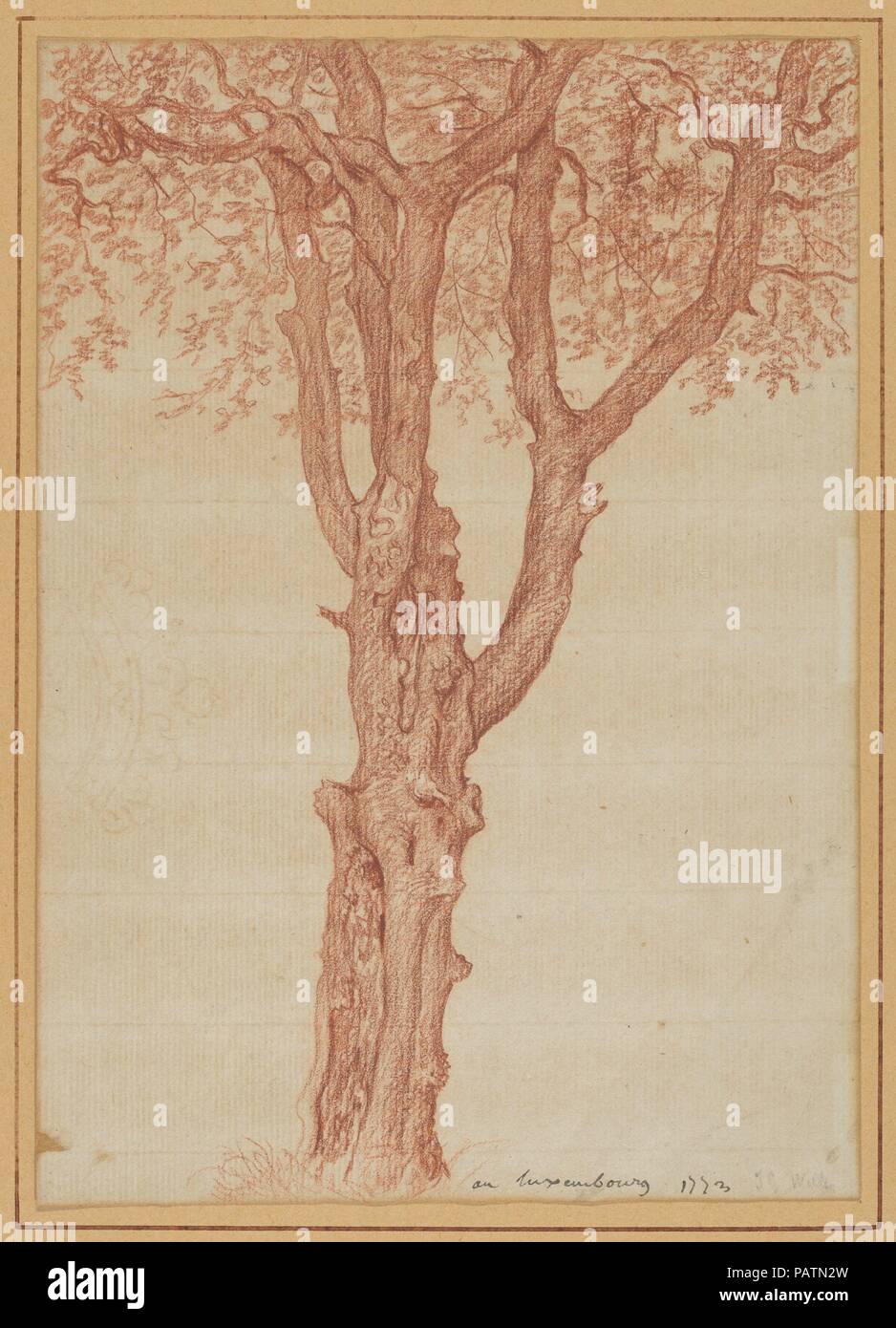 Studio di un albero nel Giardino di Lussemburgo. Artista: Pierre Henri de Valenciennes (francese, Toulouse 1750-1819 Paris). Dimensioni: foglio: 9 1/16 x 6 7/16 in. (23 × 16,3 cm). Data: 1773. Valenciennes è stato una figura centrale nello sviluppo della pittura di paesaggio in arte francese, effettivamente elevare il suo status attraverso la sua promozione di "storico paesaggio." Secondo i suoi scritti, tali scene costruito dovrebbe essere basato su lo studio diretto della natura. Questo ha recentemente acquisito il foglio è stato realizzato, secondo l'iscrizione, ai Giardini del Lussemburgo a Parigi quando l'artista era solo venti-th Foto Stock