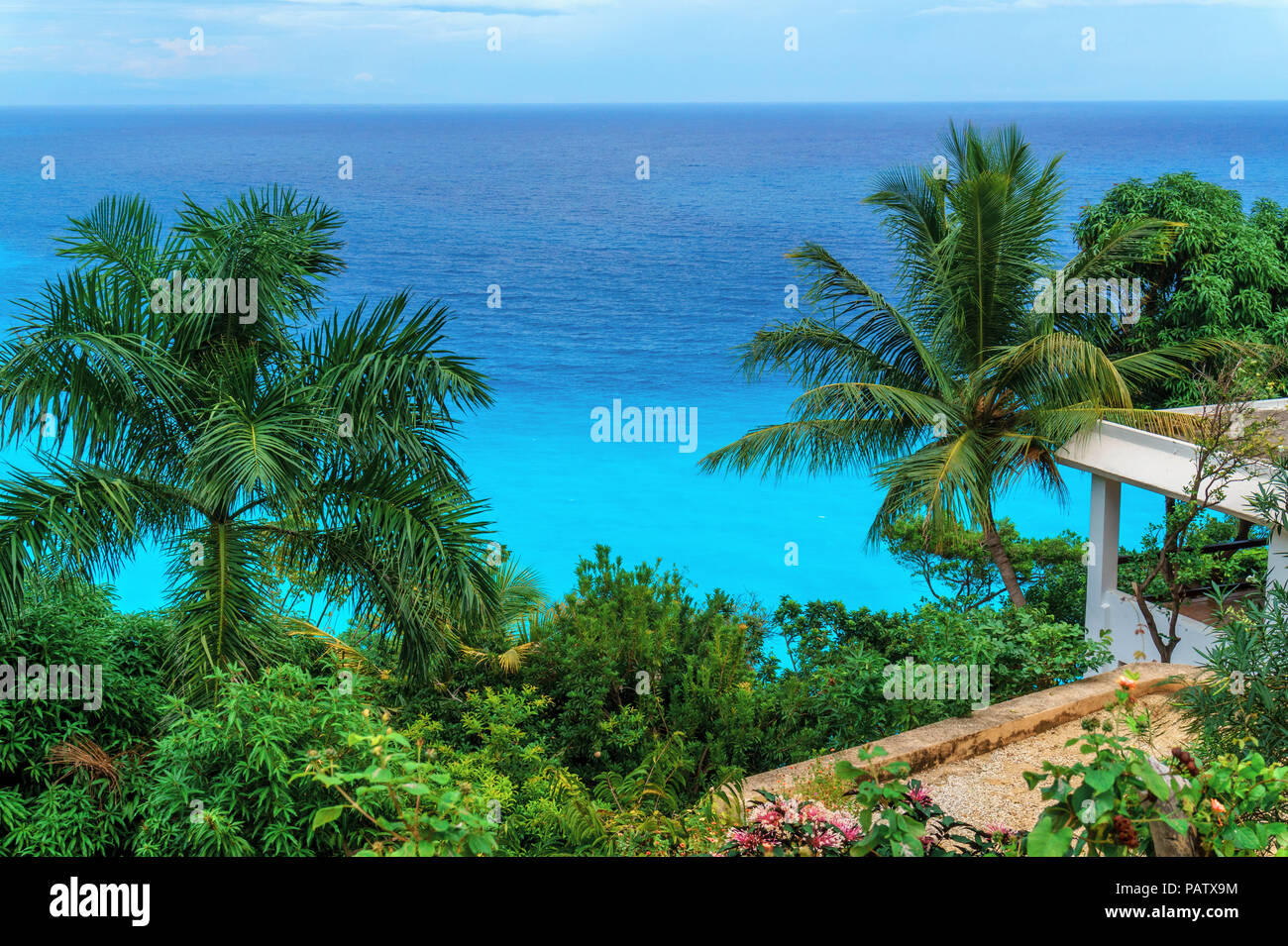 Magnifica vista sul Mar dei Caraibi azzurro del mare e il verde degli alberi di palma. Repubblica Dominicana Foto Stock