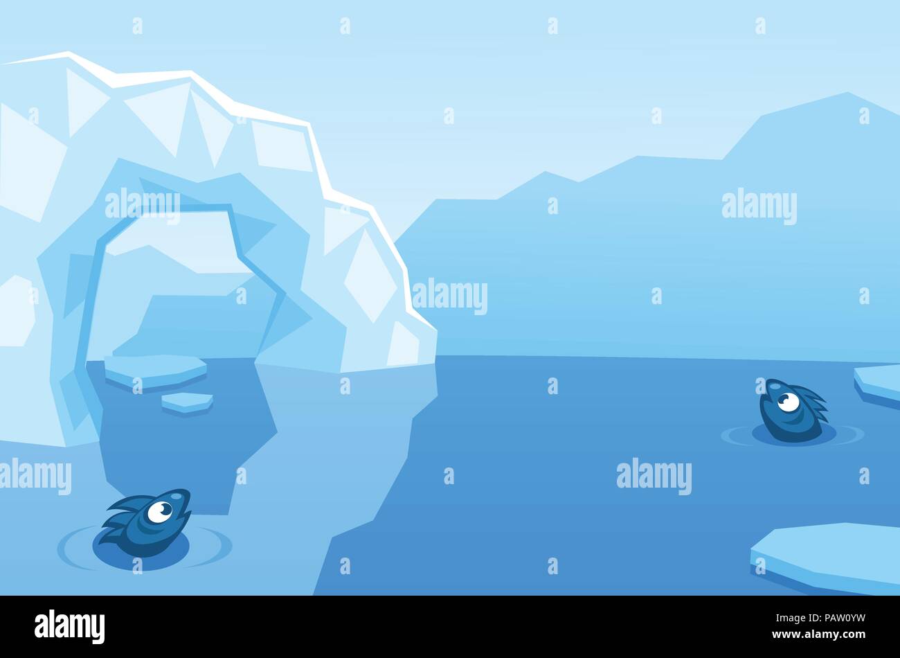 Artico sfondo vettoriale con ice floes, iceberg, acqua e pesci Illustrazione Vettoriale