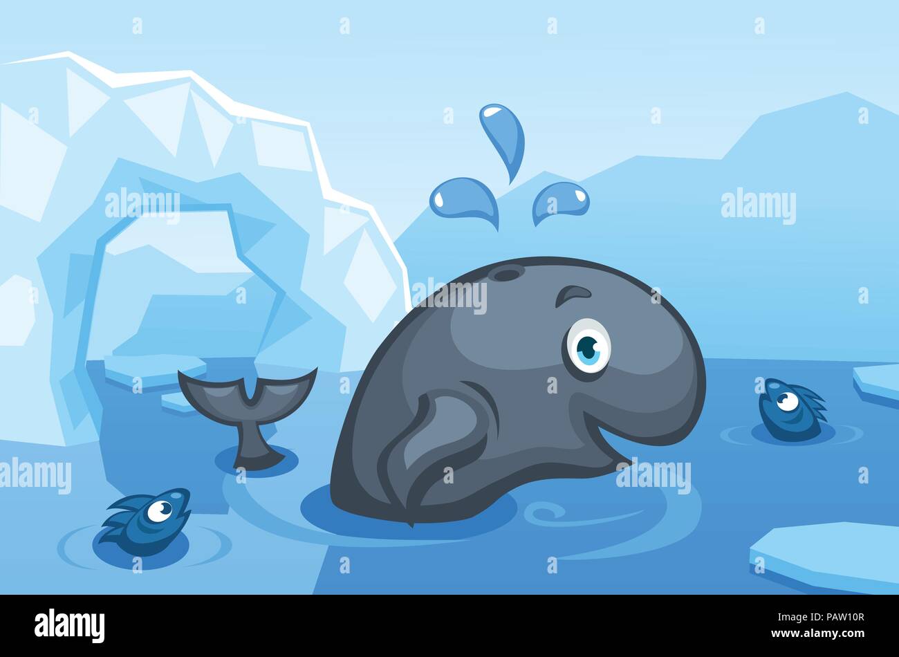 Illustrazione di una balena su un vettore di artico sfondo con ice floes, iceberg, acqua e pesci Illustrazione Vettoriale