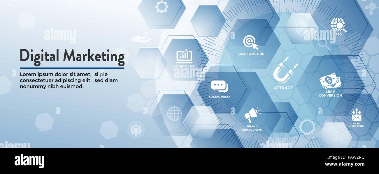 Digital Marketing in entrata Banner Web vettore w le icone con il CTA, crescita, SEO, etc Illustrazione Vettoriale