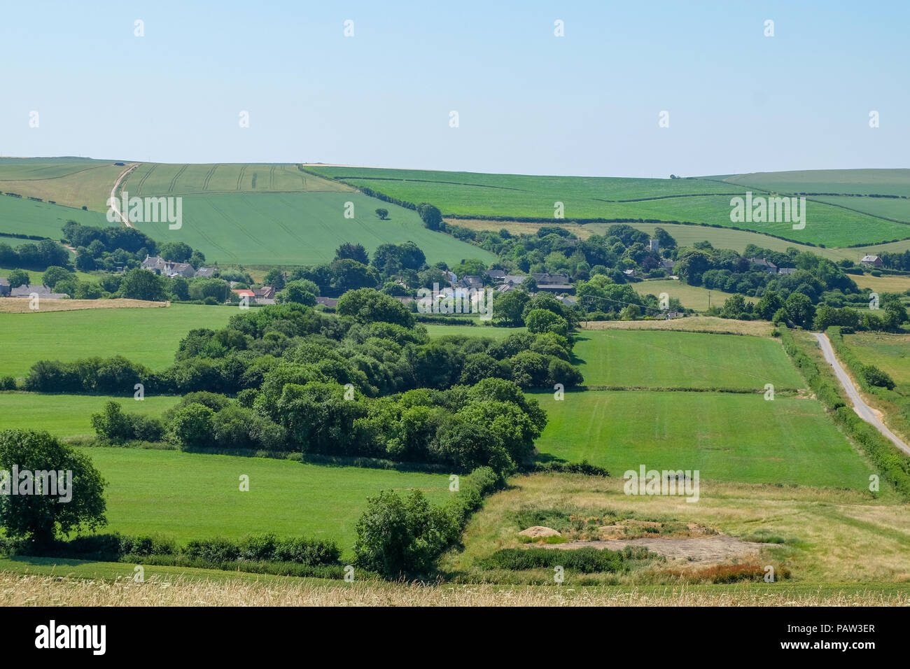 Il villaggio di Chaldon aringhe nel Dorset è ad appena un miglio dal Jurassic Coast, oltre l'orizzonte. Foto Stock