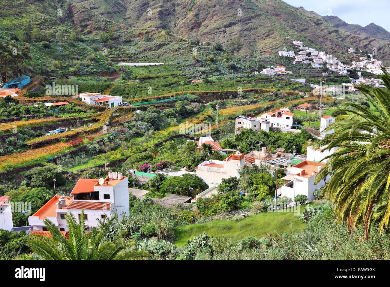 Gran Canaria paesaggio, Spagna. Los Berrazales canyon e del villaggio. Foto Stock