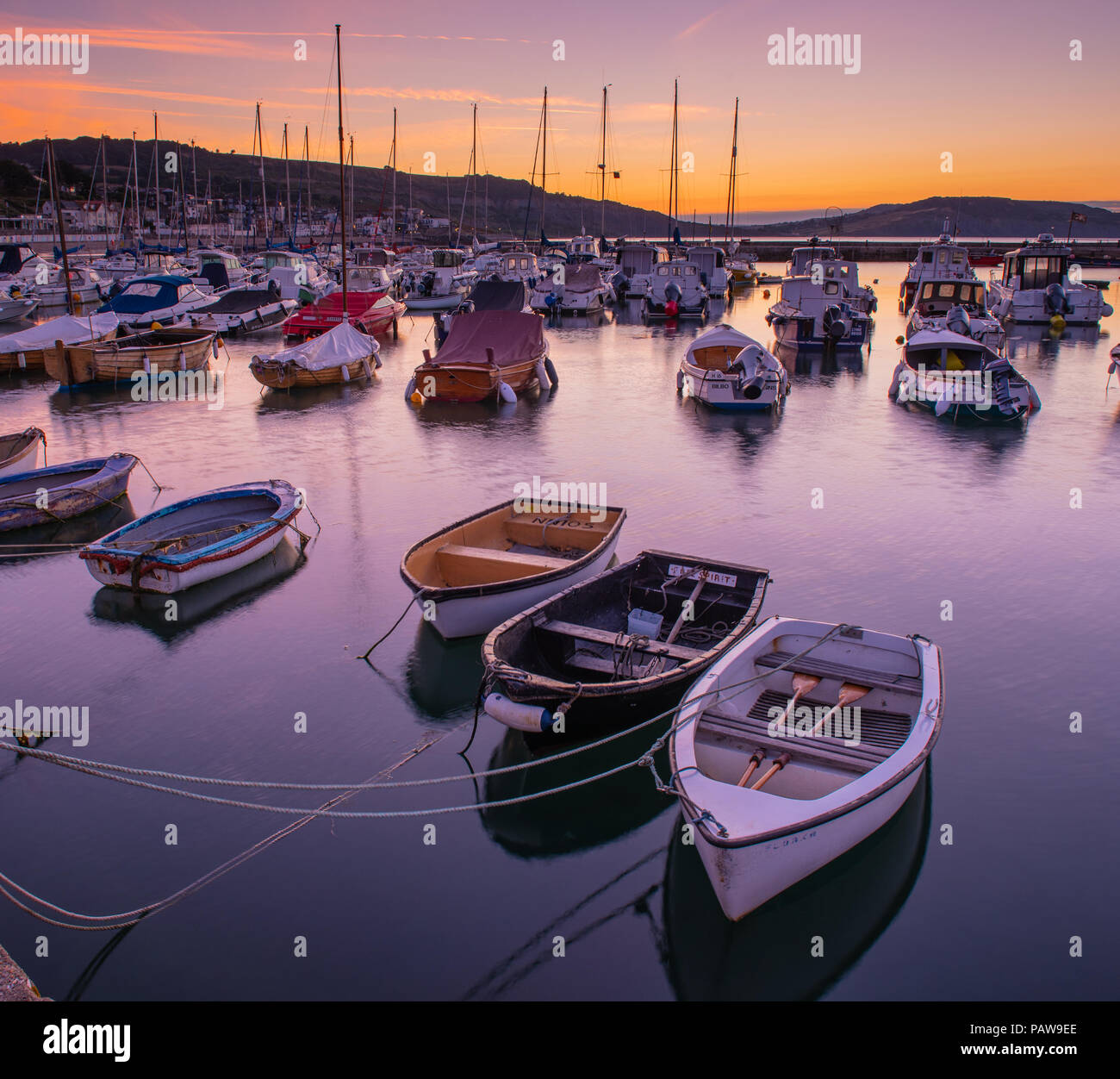 Lyme Regis, Dorset, Regno Unito. Il 25 luglio 2018. Meteo REGNO UNITO: Golden sunrise a Lyme Regis. Le barche nel porto si stagliano contro il bagliore dorato della mattina presto sky su un altro calda e soleggiata giornata nella località costiera comune di Lyme Regis. Credito: Celia McMahon/Alamy Live News. Foto Stock