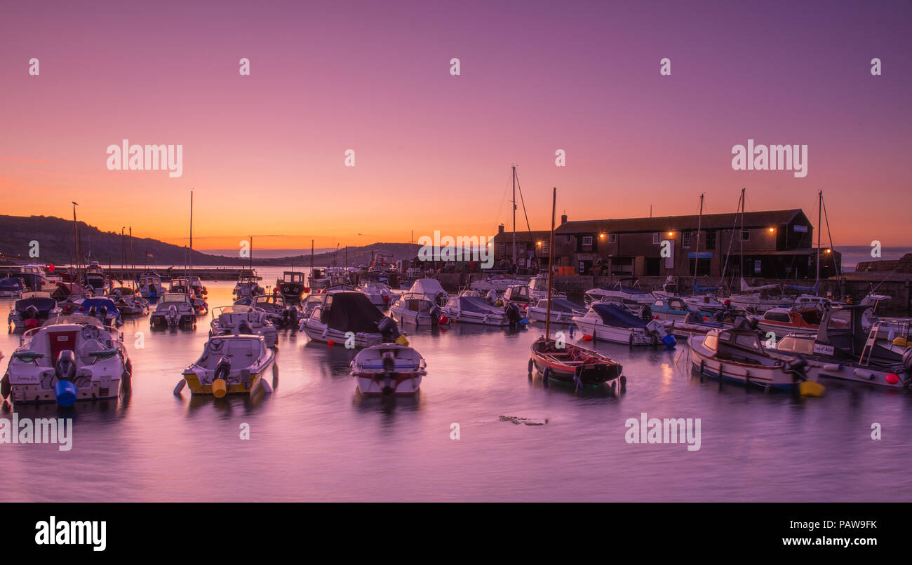 Lyme Regis, Dorset, Regno Unito. Il 25 luglio 2018. Meteo REGNO UNITO: Golden sunrise a Lyme Regis. Le barche nel porto si stagliano contro il bagliore dorato della mattina presto sky su un altro calda e soleggiata giornata nella località costiera comune di Lyme Regis. Credito: Celia McMahon/Alamy Live News. Foto Stock