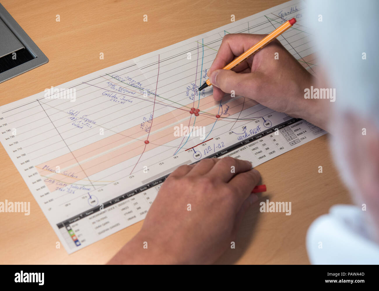 18 luglio 2018, Amburgo, Germania: Un dipendente della sede nautica piani la riunione del traffico sul Fiume Elba con un disegno. Più di un migliaio di particolarmente grandi navi chiamata presso il porto di Amburgo ogni anno. Per garantire che essi raggiungono la stretta bacini di porto senza incidenti e il tempo, il Centro Nautico controlla il traffico di spedizione. Foto: Daniel Bockwoldt/dpa Foto Stock