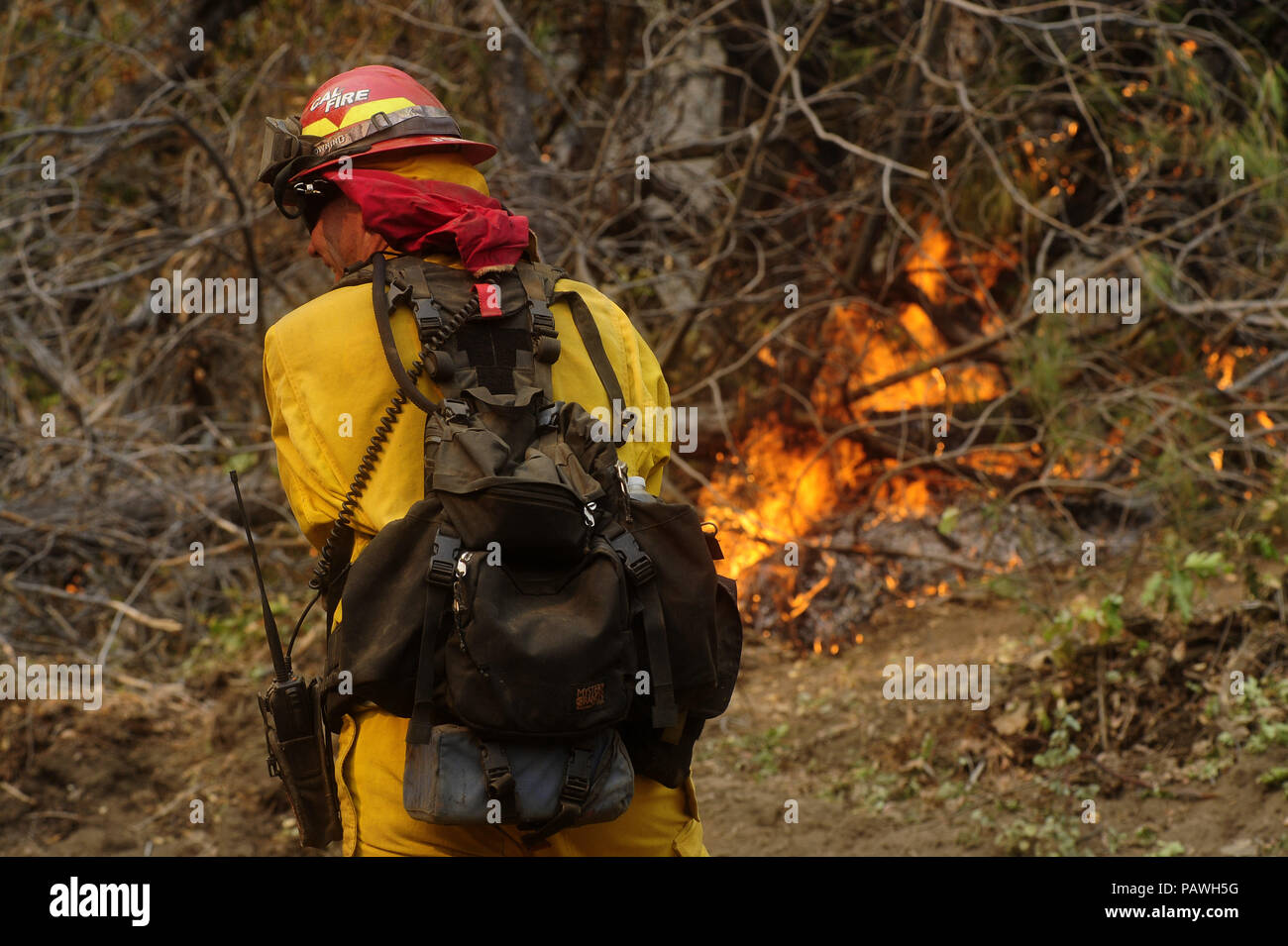 Boot Jack, California, USA. Xxv Luglio, 2018. Jack di avvio, California, Stati Uniti - CalFire equipaggi lavorano per controllare e rallentare il fuoco come esso appoggia in linea di contenimento. L'obiettivo qui è quella di non spegnere il fuoco ma un controllo su di essa in modo che esso brucia lentamente. Prevenire flare-ups è l'obiettivo. Credito: Neal acque/ZUMA filo/Alamy Live News Foto Stock