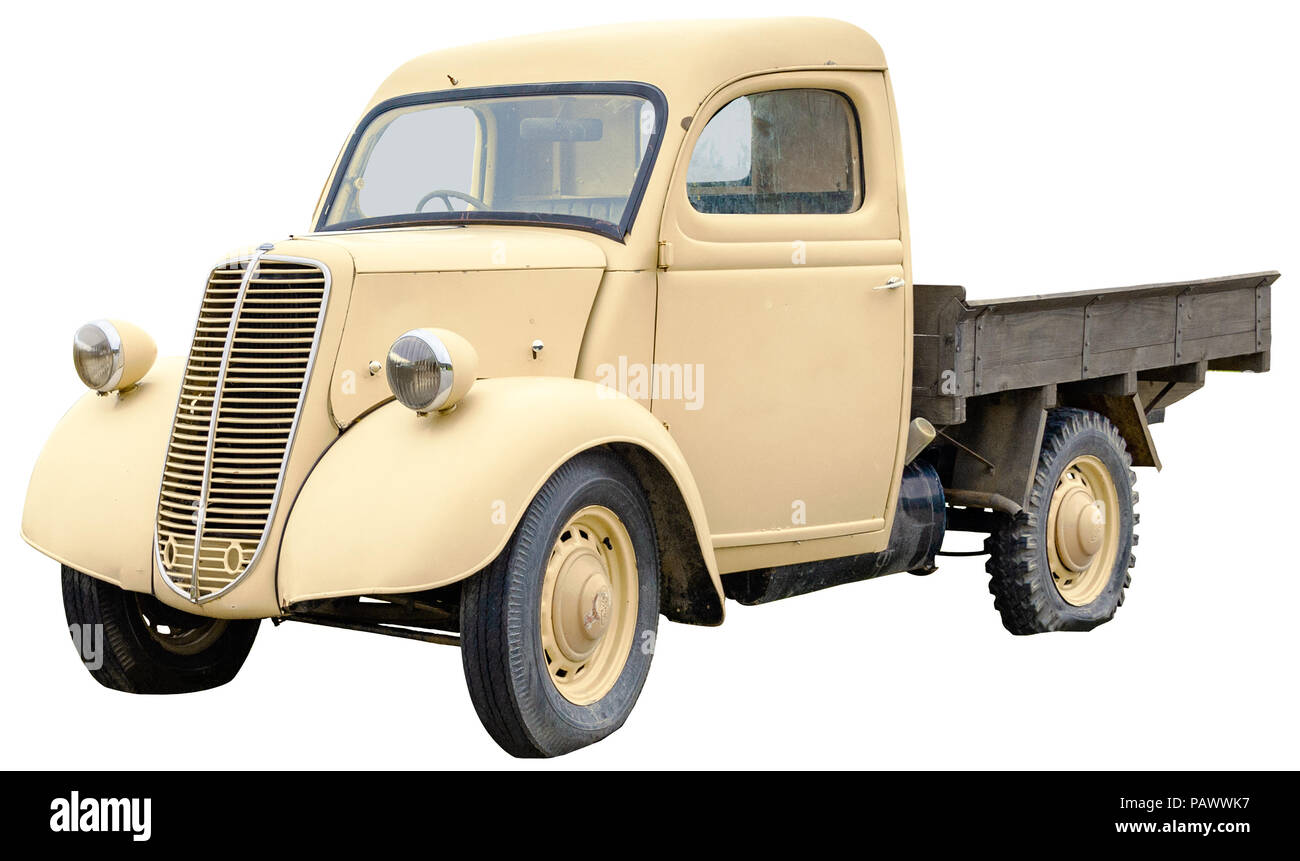 Vintage pickup truck in legno con estremità di coda payload isolato su sfondo bianco e il percorso di clipping. Foto Stock