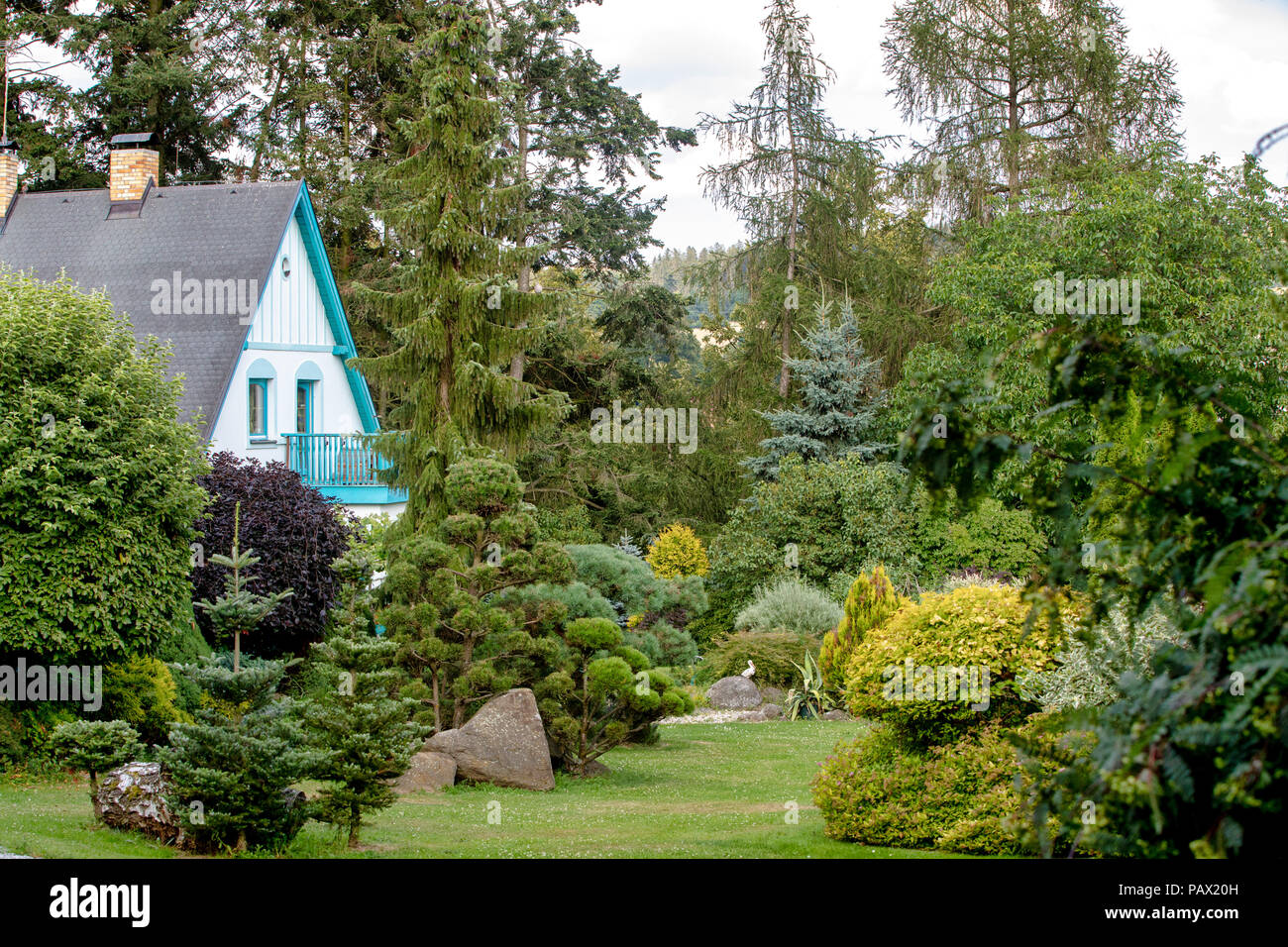 Bella casa rurale situato nel giardino estivo, con conifere, alberi e fiori. In estate il concetto di giardinaggio Foto Stock