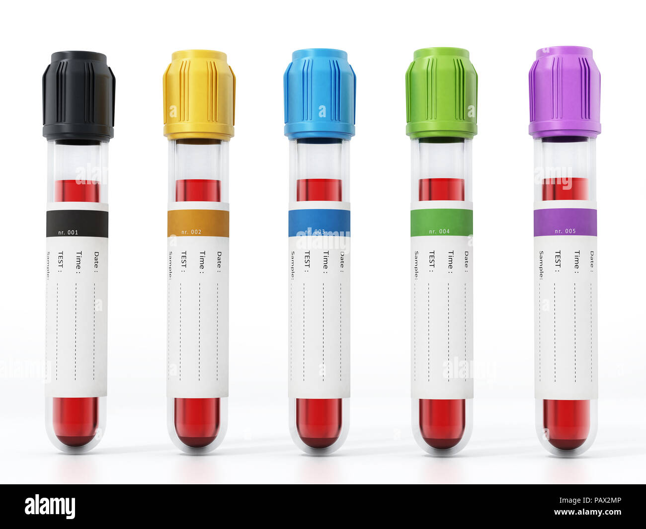 Fiale di sangue con vibranti coperchi colorati. 3D'illustrazione. Foto Stock