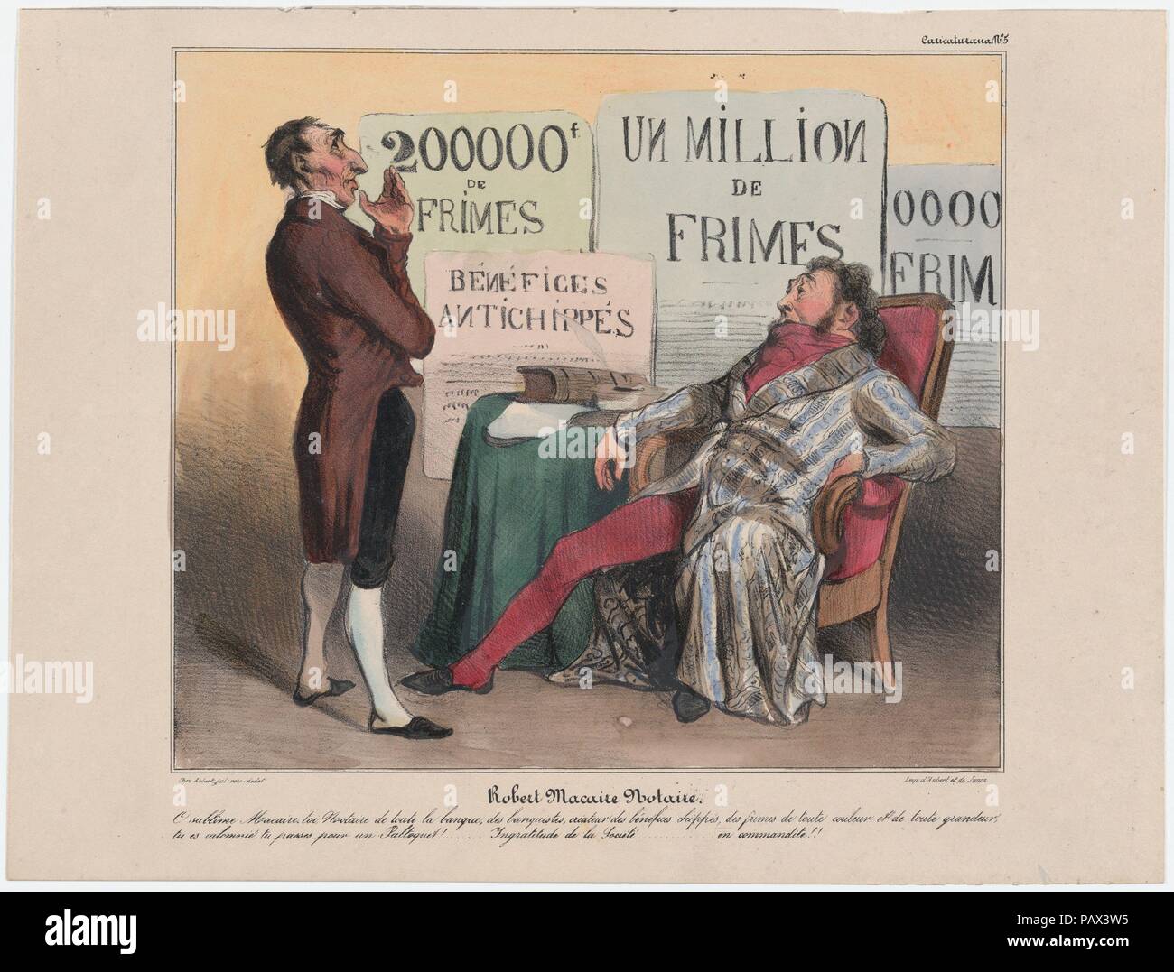 La piastra 5: Robert Macaire come notaio, da 'Caricaturana", pubblicato in Les Robert Macaires. Artista: Honoré Daumier (francese, Marsiglia 1808-1879 Valmondois). Autore: Charles Philipon (francese, Lione 1800-1862 Paris). Dimensioni: Immagine: 8 5/16 × 9 13/16 in. (21,1 × 24,9 cm) foglio: 10 3/16 × 13 3/8 in. (25,8 × 34 cm). Stampante: Aubert et Cie; Junca. Serie/Portfolio: 'Caricaturana'. Data: 1838. O sublime Macaire! Si, un notaio per tutta la banca per i banchieri, inventore del pizzicato profitto, delle tangenti di tutte le sfumature e dimensioni, sei calunniato, sei preso per una canaglia!... Ingratitudine o Foto Stock