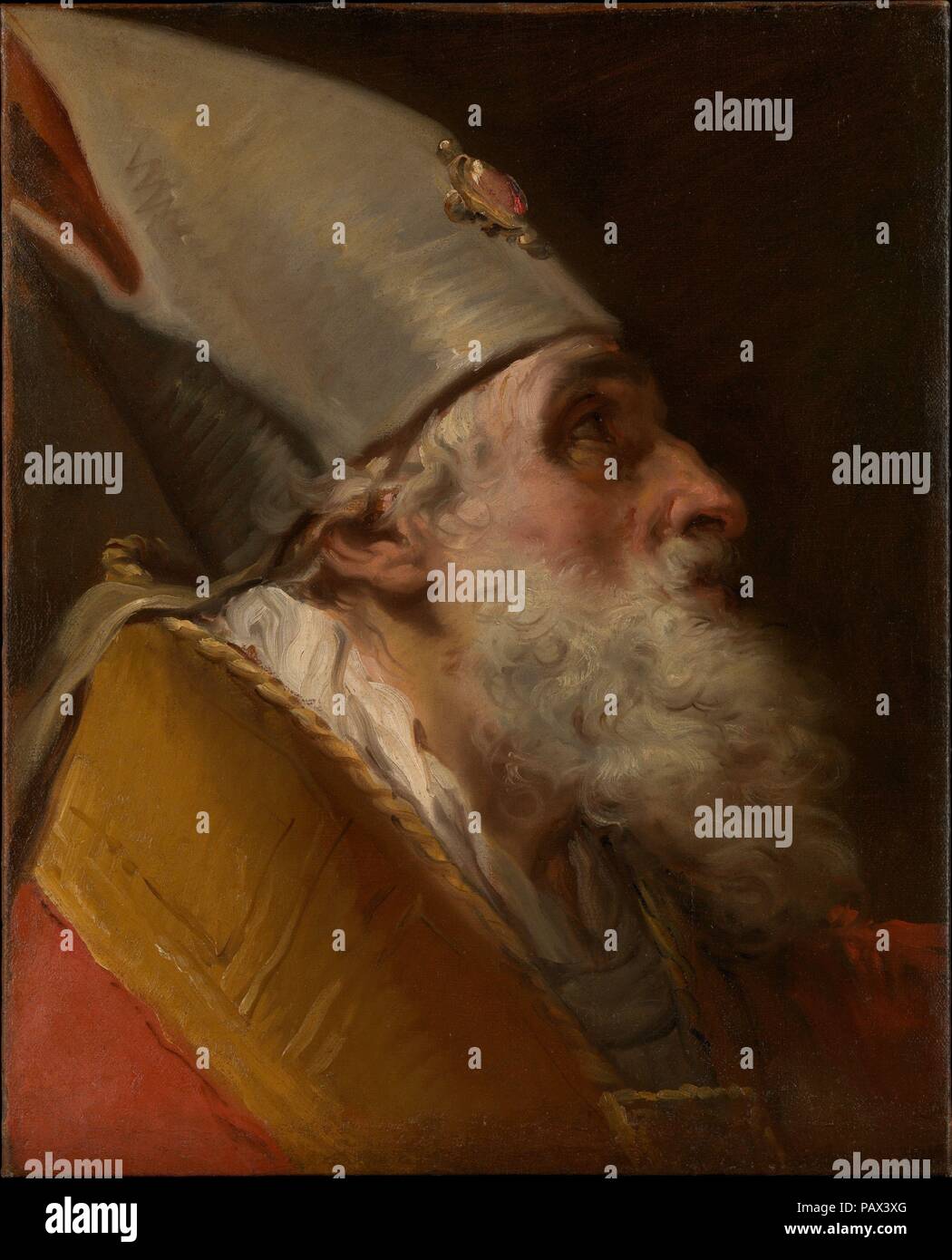 Testa di un Vescovo. Artista: Gaetano Gandolfi (italiano, San Matteo della Decima Bologna 1734-1802). Dimensioni: 18 3/8 x 14 7/8 in. (46,7 x 37,8 cm). Data: ca. 1770. Un brillante pittore e disegnatore, Gandolfi apparteneva ad una famiglia di artisti di Bologna: il fratello Ubaldo era un pittore e così fu suo figlio Mauro. Oltre a dipinti e decorazioni del soffitto e tele di soggetto mitologico, dipinse le piccole tele con busto-lunghezza immagini di uomini e donne di vari settori della società. Questi erano destinati non come ritratti ma come studi di carattere in cui l artista ha esplorato una varietà di Foto Stock