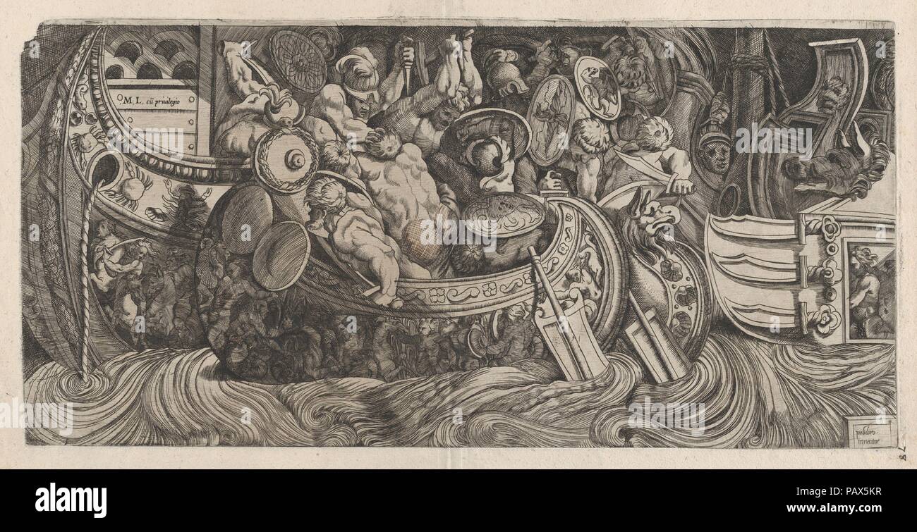 Speculum Romanae Magnificentiae": Battaglia Navale. Artista: Dopo Polidoro da Caravaggio (italiano, Caravaggio ca. 1499-ca. 1543 Messina); Michele Lucchese (italiano, attivo Roma, 1534-64). Dimensioni: foglio: 13 11/16 x 19 7/16 in. (34,8 x 49,4 cm) piastra: 8 9/16 x 17 5/16 in. (21,8 x 44 cm). Serie/Portfolio: Speculum Romanae Magnificentiae". Data: XVI secolo. Questa stampa proviene dal museo della copia del Speculum Romanae Magnificentiae" (Lo specchio della magnificenza romana) lo specolo trova la sua origine nella pubblicazione si sforza di Antonio Salamanca e Antonio Lafreri. Durante la loro publishi Romano Foto Stock