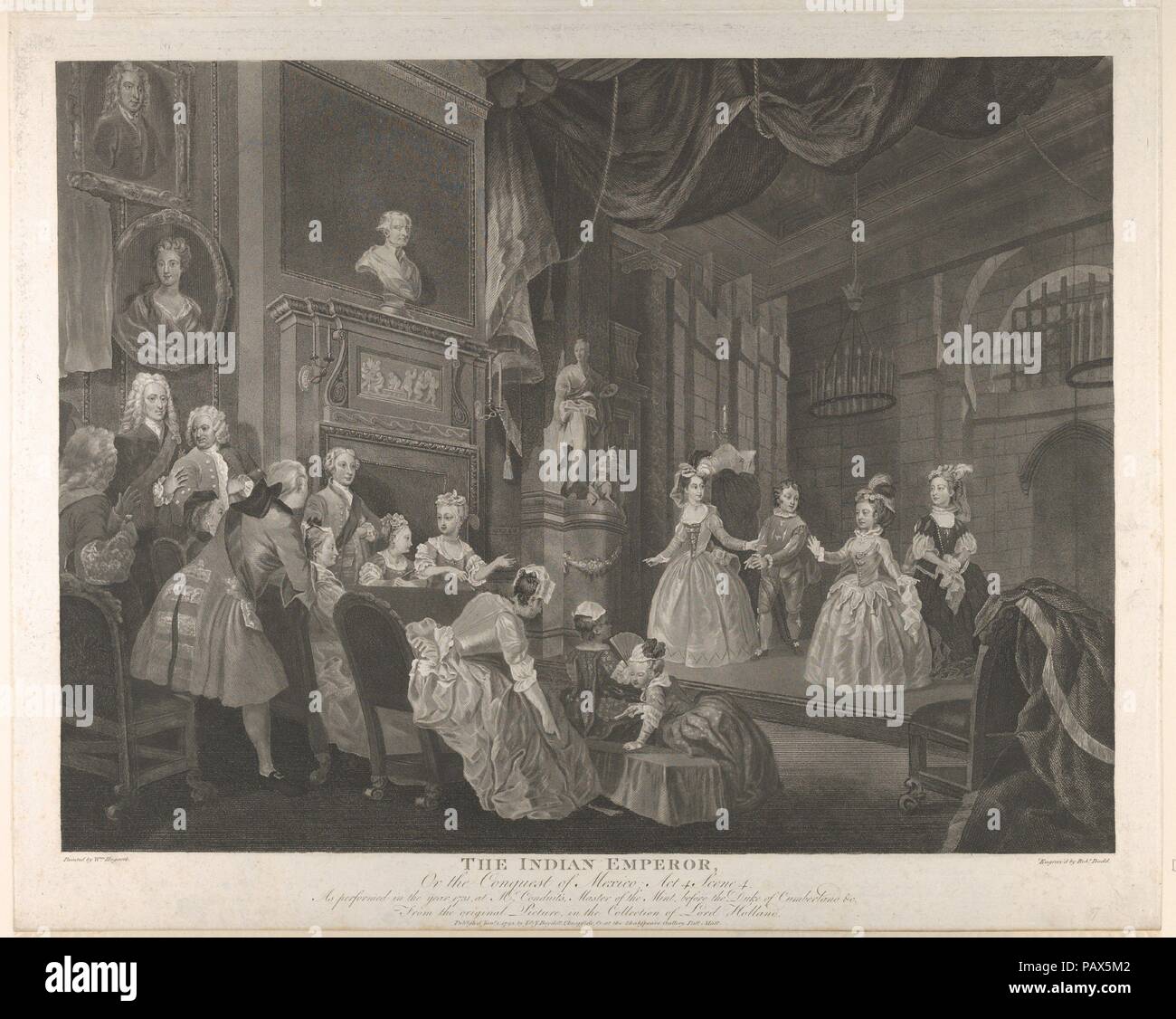 L'imperatore indiano, o la conquista del Messico, atto 4, scena 4. Artista: Dopo William Hogarth (British, Londra Londra 1697-1764). Autore: Illustra John Dryden (British, Aldwincle, Northamptonshire 1631-1700 Londra). Dimensioni: Foglio (rifilato alla linea di piastra tranne in alto): 18 5/8 x 23 1/8 in. (47,3 x 58,7 cm). Incisore: incisi da Robert Dodd (British, 1748-1815). Editore: John & Josiah Boydell (British, 1786-1804). Data: Gennaio 1, 1792. Museo: Metropolitan Museum of Art di New York, Stati Uniti d'America. Foto Stock