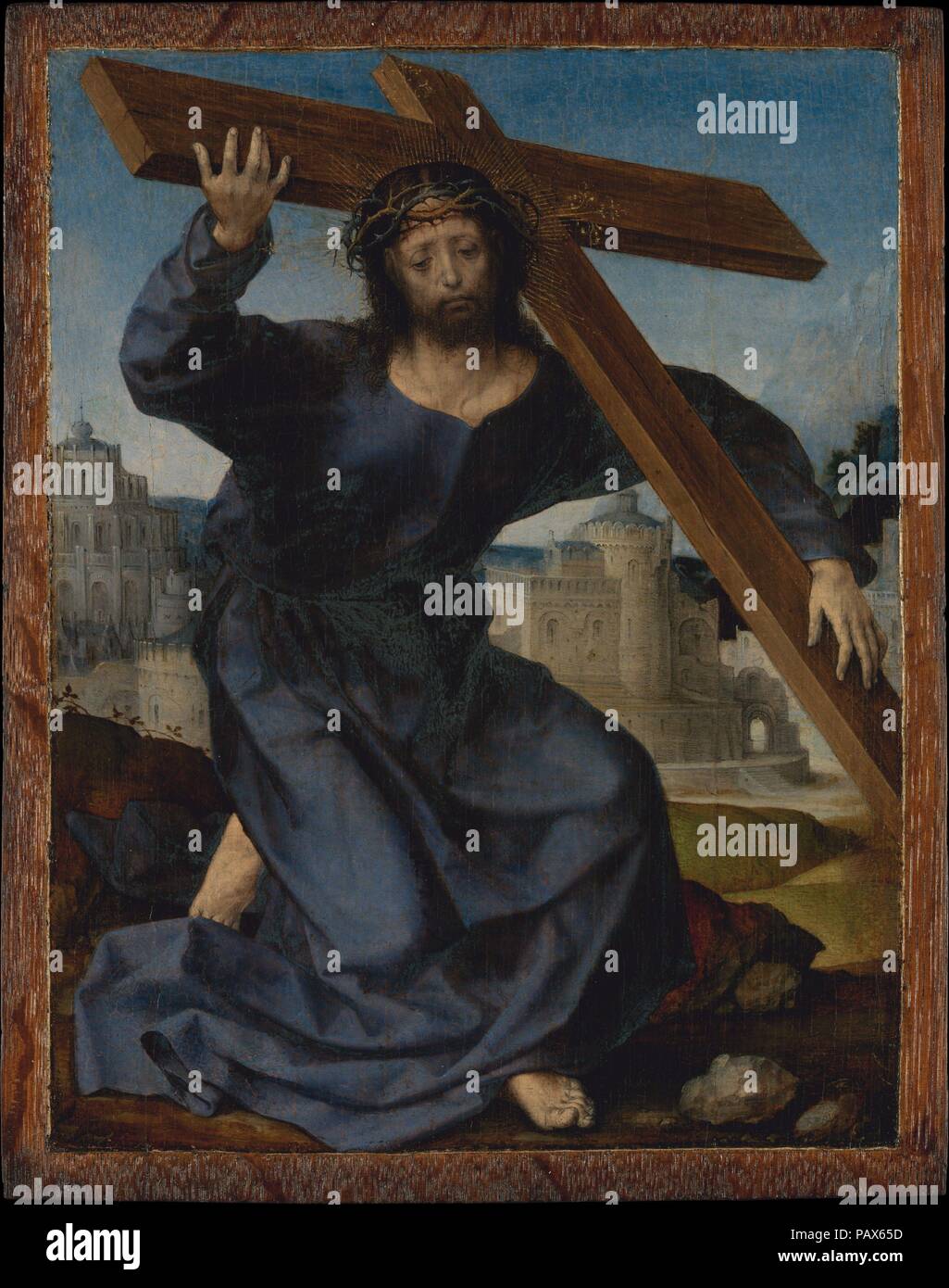 Cristo che porta la croce. Artista: Jan Gossart (chiamato Mabuse) (Netherlandish, Maubeuge ca. 1478-1532 Anversa (?). Dimensioni: 9 7/8 x 7 1/2 in. (25,1 × 19 cm). Data: ca. 1520-25. Cristo appare isolato al di fuori delle mura di Gerusalemme, inciampo e gravata dal pesante fardello della croce. La sua elaborata pongono riflette Gossart lo studio della scultura romana. Destinati ad essere privato di meditazione, Gossart's toccante rappresentazione del Salvatore sofferente risponde ai più diffusi testi come Thomas à Kempis <i>De Imitatione Christi</i> (imitazione di Cristo, circa 1420), che hanno raccomandato il personale e Foto Stock