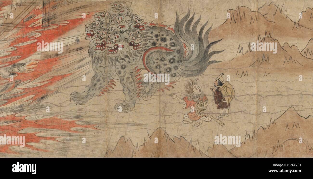 Illustrate le leggende del Kitano Santuario Tenjin (Kitano Tenjin Engi emaki). Cultura: il Giappone. Dimensioni: A: 11 5/16 in. × 22 ft. 7 7/16 in. (28,8 × 689.4 cm) b: 11 5/16 in. × 25 ft. 3/8 in. (28,8 × 763 cm) c: 11 5/16 x 274 1/8 in. (28,8 x 696.3 cm) d: 11 5/16 x 224 15/16 in. (28,8 x 571.4 cm) e: 11 5/16 x 352 3/16 in. (28,8 x 894.5 cm.). Data: tardo XIII secolo. Un antica credenza scintoista che l'imprevedibile, funesta forze della natura sono animate dalla tormentata spiriti umani (onryo) sottende la leggendaria origine del Kitano Tenjin santuario, dedicato a Michizane Sugawara (845-903). Mich Foto Stock