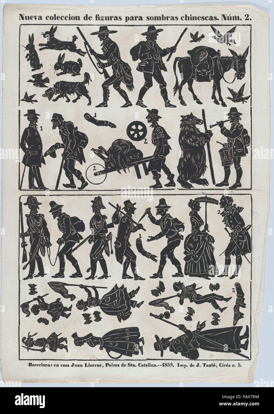 Il foglio 2 di figure per il cinese shadow puppets. Dimensioni: foglio: 17  1/2 × 12 3/8 in. (44,5 × 31,5 cm). Stampante: José Taulo (spagnolo, active  ca. 1855-70). Editore: Juan Llorens (