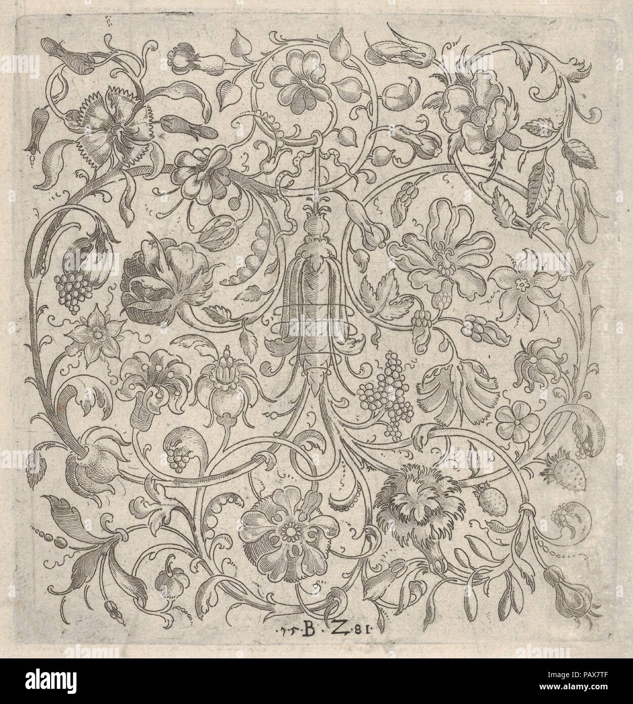 Pannello quadrato con Scrollwork vegetale, di fiori e di frutti. Artista: Bernhard Zan (tedesco, attivo 1580-81). Dimensioni: foglio: 9 3/4 × 6 5/16 in. (24,8 × 16,1 cm) Piastra: 5 11/16 × 5 7/16 in. (14,4 × 13,8 cm). Data: 1581. Foglio da una serie di 40 oreficeria progetta, pubblicato da Zan nel 1581 e nuovamente nel 1584 da Stephan Hermann. La stampa mostra un pannello quadrato con un su tutto il modello di scrollwork vegetale. Al centro della progettazione di un calice è appeso a testa in giù dalla quale scorre vorticoso molla via. Un abbondanza di foglie, fiori e frutti è attaccato al più piccolo gambi. Sul tergo del Foto Stock