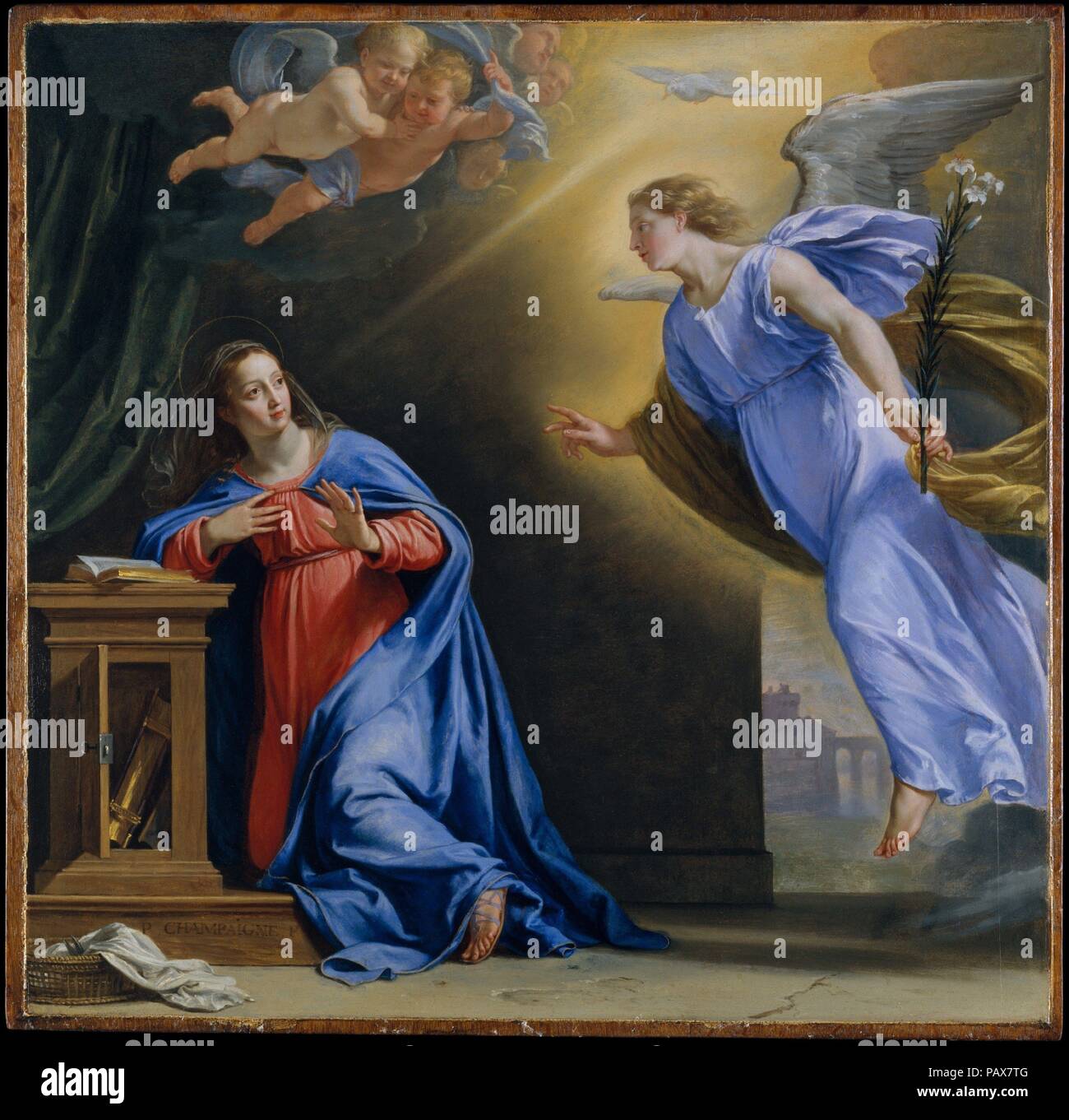 L'Annunciazione. Artista: Philippe de Champaigne (francese, Bruxelles 1602-1674 Paris). Dimensioni: complessivamente, 28 x 28 3/4 in. (71,1 x 73 cm); superficie dipinta, 27 1/4 x 27 3/4 in. (69,2 x 70,5 cm). Data: ca. 1644. Philippe de Champaigne è stato uno dei protagonisti del Classicismo francese. La sua arte, ispirato in parte dalla sua associazione con il Giansenismo (un grave movimento Controriforma soppresso da Luigi XIV), è stata descritta come la combinazione di 'uno scrupoloso perfezionismo che rasentano il freddo con una vita interiore di profonda intensità". Questa immagine è stata dipinta per la cappella privata della regina Anna d'Austria Foto Stock
