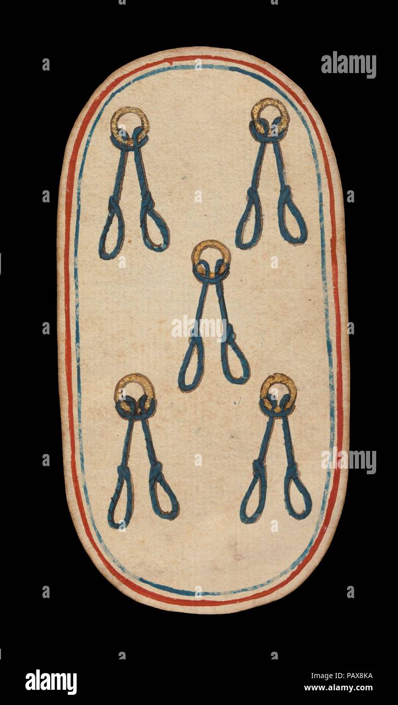 5 di cappi, dal chiostro carte da gioco. Cultura: Netherlandish Sud. Dimensioni: 5 3/16 x 2 3/4 in. (13,2 × 7 cm). Data: ca. 1475-80. I Chiostri set di cinquantadue carte costituisce il solo noto ponte completo di ordinaria illuminata carte da gioco (al contrario di tarocchi) dal XV secolo. Ci sono quattro abiti, ciascuno costituito da un letto king, queen knave e dieci carte pip. La tuta simboli, basata su apparecchiature associate con la caccia, sono corni da caccia, cane collari, hound con cordini e gioco cappi. Il valore delle carte di pip è indicato da appositi ripetizioni della su Foto Stock