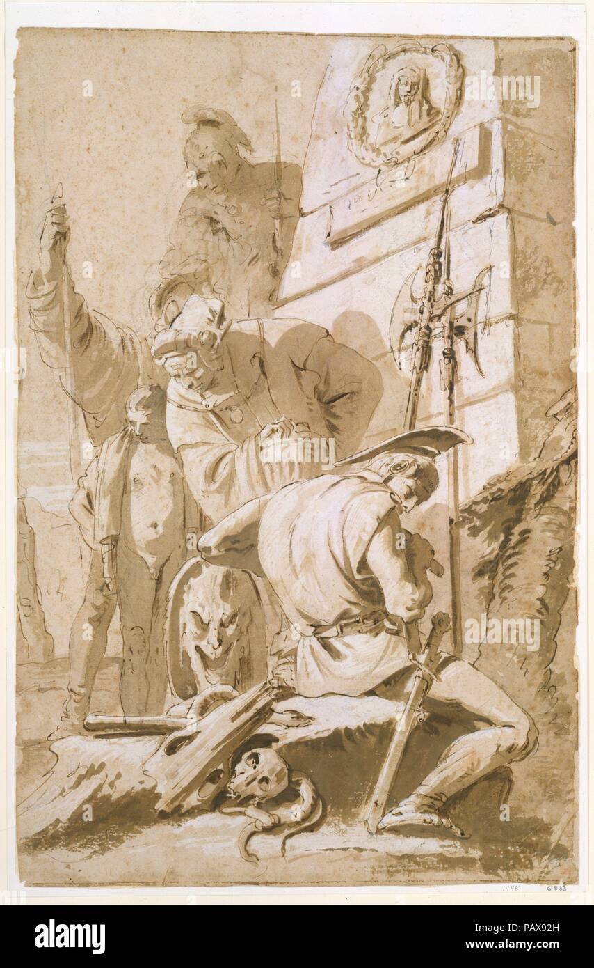 Soldati intorno a un monumento. Artista: Giovanni Battista Tiepolo (italiano, Venezia 1696-1770 Madrid). Dimensioni: 16 5/8 x 11 in. (42,3 x 28 cm). Data: 1743-45. Museo: Metropolitan Museum of Art di New York, Stati Uniti d'America. Foto Stock