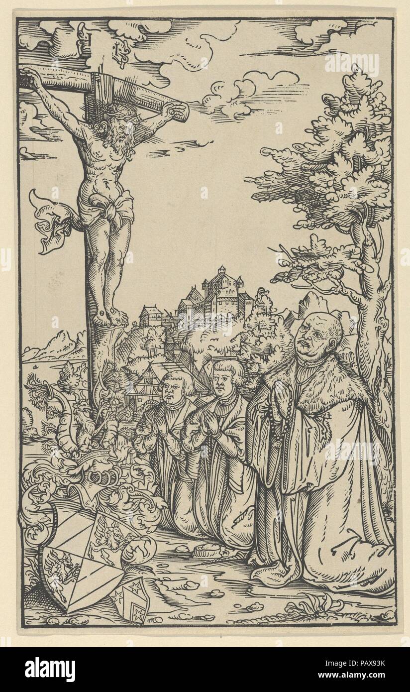 Book-Plate di Christoph Scheurl. Artista: Lucas Cranach il giovane e Workshop (tedesco, Wittenberg 1515-1586 Wittenberg). Dimensioni: foglio: 9 1/4 × 5 13/16 in. (23,5 × 14,7 cm). Data: XVI secolo. Cristoph Scheurl e i suoi figli inginocchiati davanti al Crocifisso. Il Scheurl stemma mantice verso sinistra. (Hollstein). Museo: Metropolitan Museum of Art di New York, Stati Uniti d'America. Foto Stock