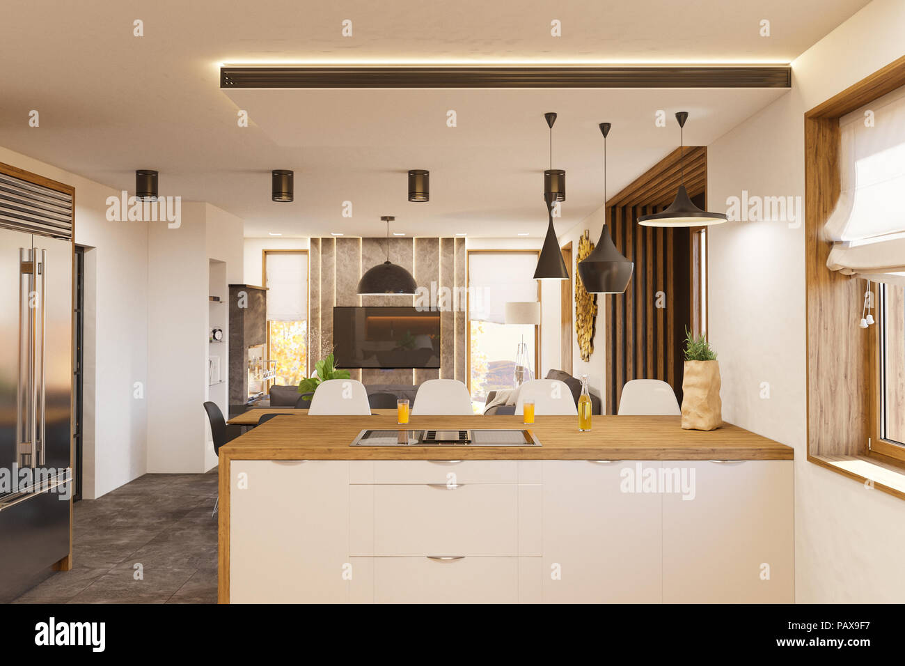 Soggiorno e cucina arredamento con camino. casa moderna in stile ... Casa moderna interni