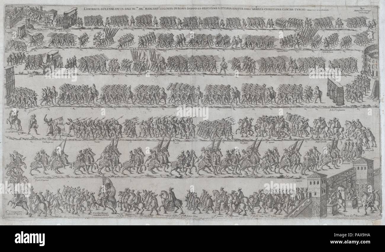 La voce di Marcantonio Colonna e l'esercito cristiano a Roma dopo la vittoria nella battaglia di Lepanto, Dicembre 11, 1571. Dimensioni: Piastra: 15 15/16 × 28 1/8 in. (40,5 × 71,5 cm) foglio: 18 3/4 × 29 1/16 in. (47,7 × 73,8 cm). Pubblicato in: Milano. Editore: Francesco Tramezzino (italiano, attivo a Roma e Venezia, 1526 morto 1576). Data: 1571. La processione è rappresentata in sette bande, aumentando in dimensione dalla parte superiore alla parte inferiore del foglio. Le figure includono membri della famiglia Colonna, nobili, prigionieri e i soldati cristiani; i punti di riferimento indicati includono l'Arco di Costantino e il Coloss Foto Stock