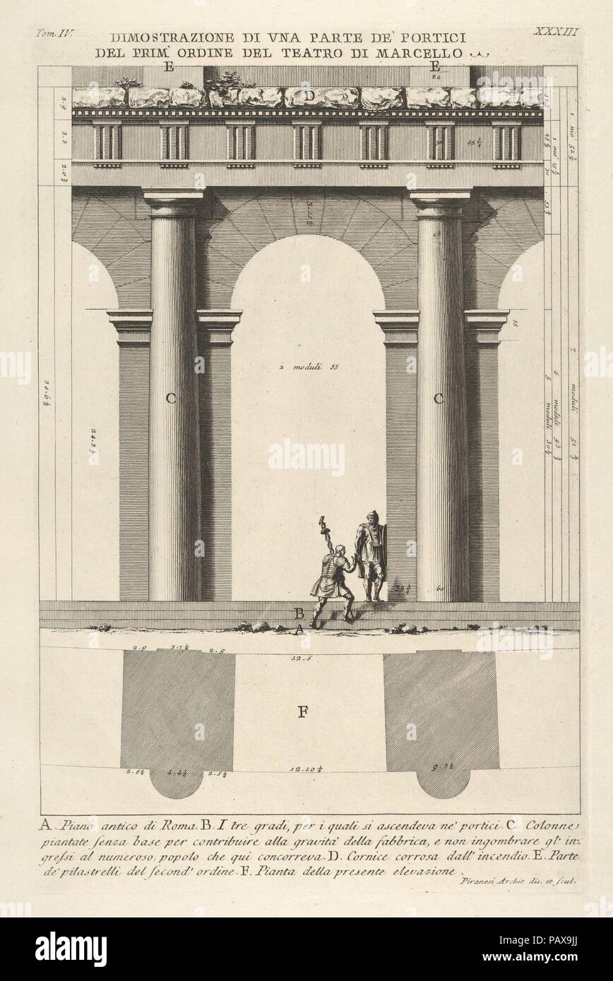 Vista in elevazione parziale e il piano del primo-portico di ordine presso il Teatro di Marcello (Dimostrazione di una parte de' portici del prim' ordine del Teatro di Marcello), da 'Le antichità romane". Artista: Giovanni Battista Piranesi (italiano, Mogliano Veneto Roma 1720-1778). Dimensioni: foglio: 20 1/2 x 14 5/8 in. (52 x 37,2 cm) Piastra: 16 15/16 x 10 3/16 in. (43 x 25,8 cm). Serie/Portfolio: Le antichità romane. Data: 1756. Museo: Metropolitan Museum of Art di New York, Stati Uniti d'America. Foto Stock