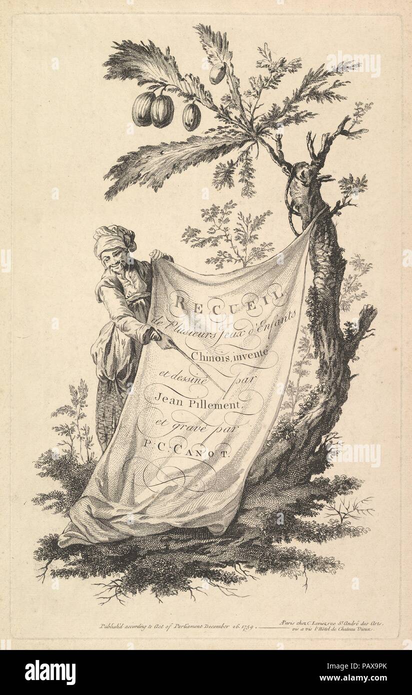 Titolo pagina: un uomo sorridente detiene un angolo di un panno legato ad un albero di fico e punti con un bastone per il panno di iscrizione, da "Recueil de plusieurs Jeux d'enfants chinois " dopo Jean Pillement. Artista: Pierre Charles non è in grado di (francese, Parigi 1710-1777 Kentish Town, Londra (Inghilterra attivo)); Dopo Jean Pillement (francese, Lione Lione 1728-1808). Dimensioni: foglio: 19 3/16 x 12 15/16 in. (48,7 x 32,8 cm) piastra: 15 7/8 x 9 13/16 in. (40,4 x 25 cm). Editore: Charles Leviez (Francese, 1708-1778). Serie/Portfolio: Recueil de plusieurs Jeux d'enfants chinois. Data: 1759. Museo: Metropolitan Museum di Foto Stock