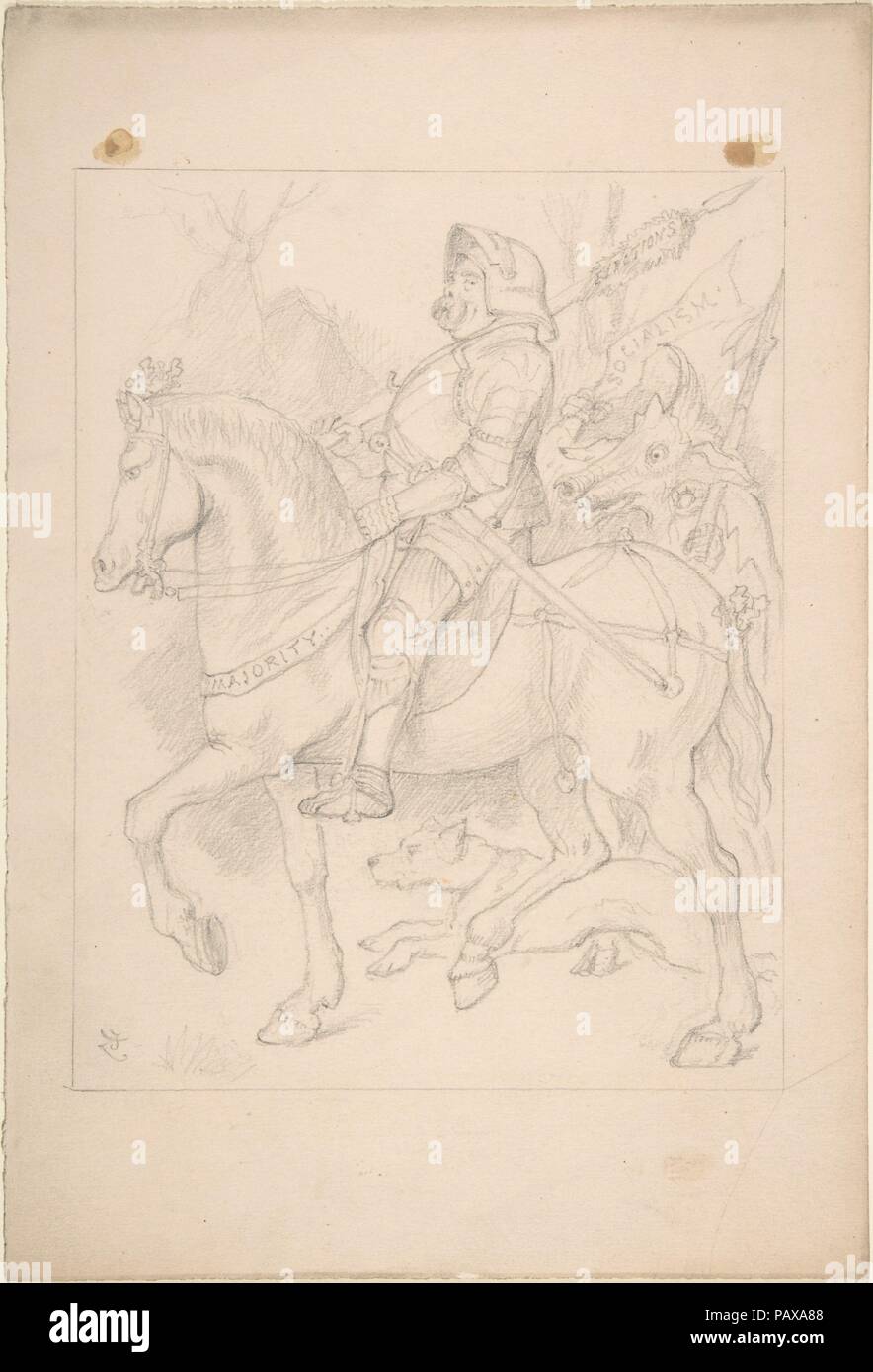 Il Cavaliere e il suo compagno. Artista: Sir John Tenniel (British, Londra Londra 1820-1914). Dimensioni: foglio: 11 1/4 x 7 5/8 in. (28,6 x 19,4 cm). Data: 1887. Tenniel il disegno per un relativo incisione su legno pubblicato nella rivista "punzone" il 5 marzo del 1887 utilizza le immagini di Durer 'Knight, la morte e il Diavolo' per commentare gli attuali dibattiti circa il socialismo, le elezioni e la regola della maggioranza. Museo: Metropolitan Museum of Art di New York, Stati Uniti d'America. Foto Stock