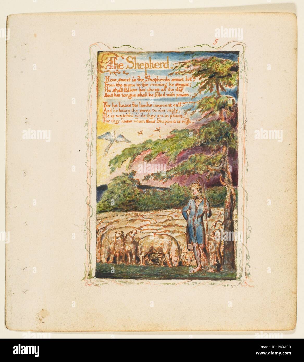 Canti di innocenza e di esperienza: il pastore. Artista: William Blake (British, Londra Londra 1757-1827). Dimensioni: foglio: 6 3/16 x 5 9/16 in. (15,7 x 14,1 cm). Data: ca. 1825. Museo: Metropolitan Museum of Art di New York, Stati Uniti d'America. Foto Stock