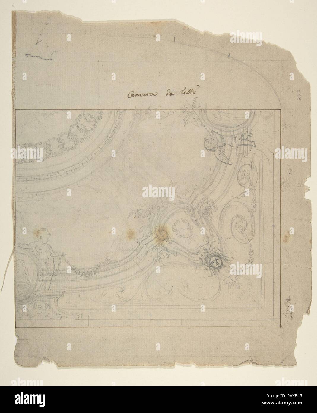 Il design a soffitto. Artista: Workshop di Leonardo Marini (italiano, piemontese documentato ca. 1730-dopo il 1797). Dimensioni: 8 9/16 x 10 1/8 in. (21,8 x 25,7 cm); un taglio irregolare. Data: XVIII secolo. Museo: Metropolitan Museum of Art di New York, Stati Uniti d'America. Foto Stock