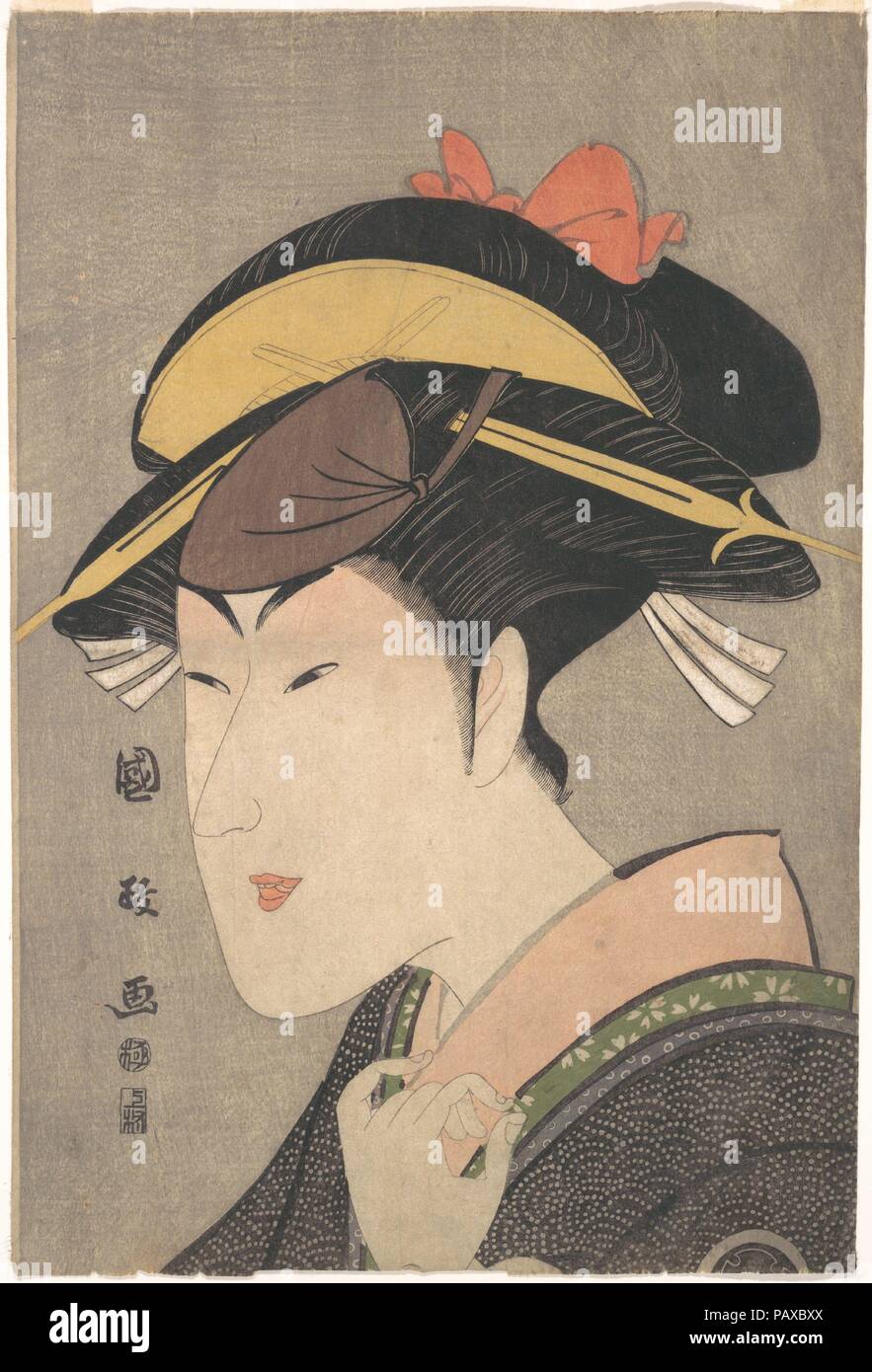 L'attore Matsumoto Yonesaburo nel ruolo di donna. Artista: Utagawa Kunimasa (giapponese, 1773-1810). Cultura: il Giappone. Dimensioni: 14 1/2 x 9 3/4 in. (36,8 x 24,8 cm). Data: tardi 1790s. Entrambi Kunimasa e il suo maestro Utagawa Toyokuni, prodotte stampe di attori in close-up viste (o-kubi-e) intorno al 1795-96. Qui, in un'immagine di arresto di Matsumoto Yonesaburo nel ruolo di donna, Kunimasa acquisisce una qualità femminile nell'elegante raffigurazione dell'attore le dita toccano i delicati strati di kimono girocolli. Museo: Metropolitan Museum of Art di New York, Stati Uniti d'America. Foto Stock